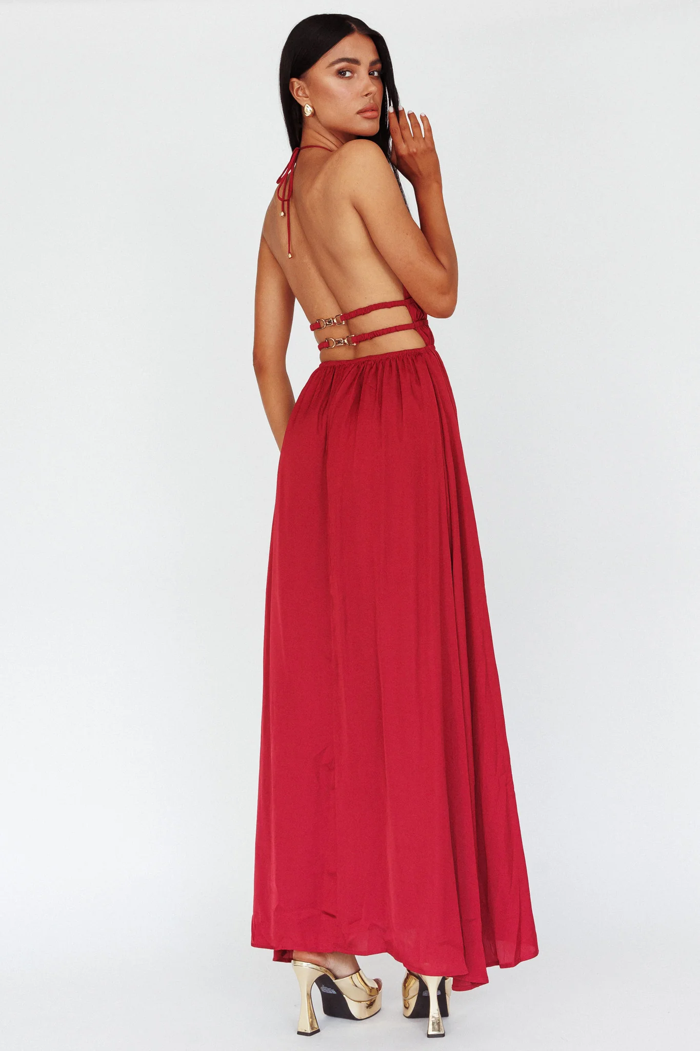 Cyndi Open Back Halterneck Maxi Dress Wine - Sonourner