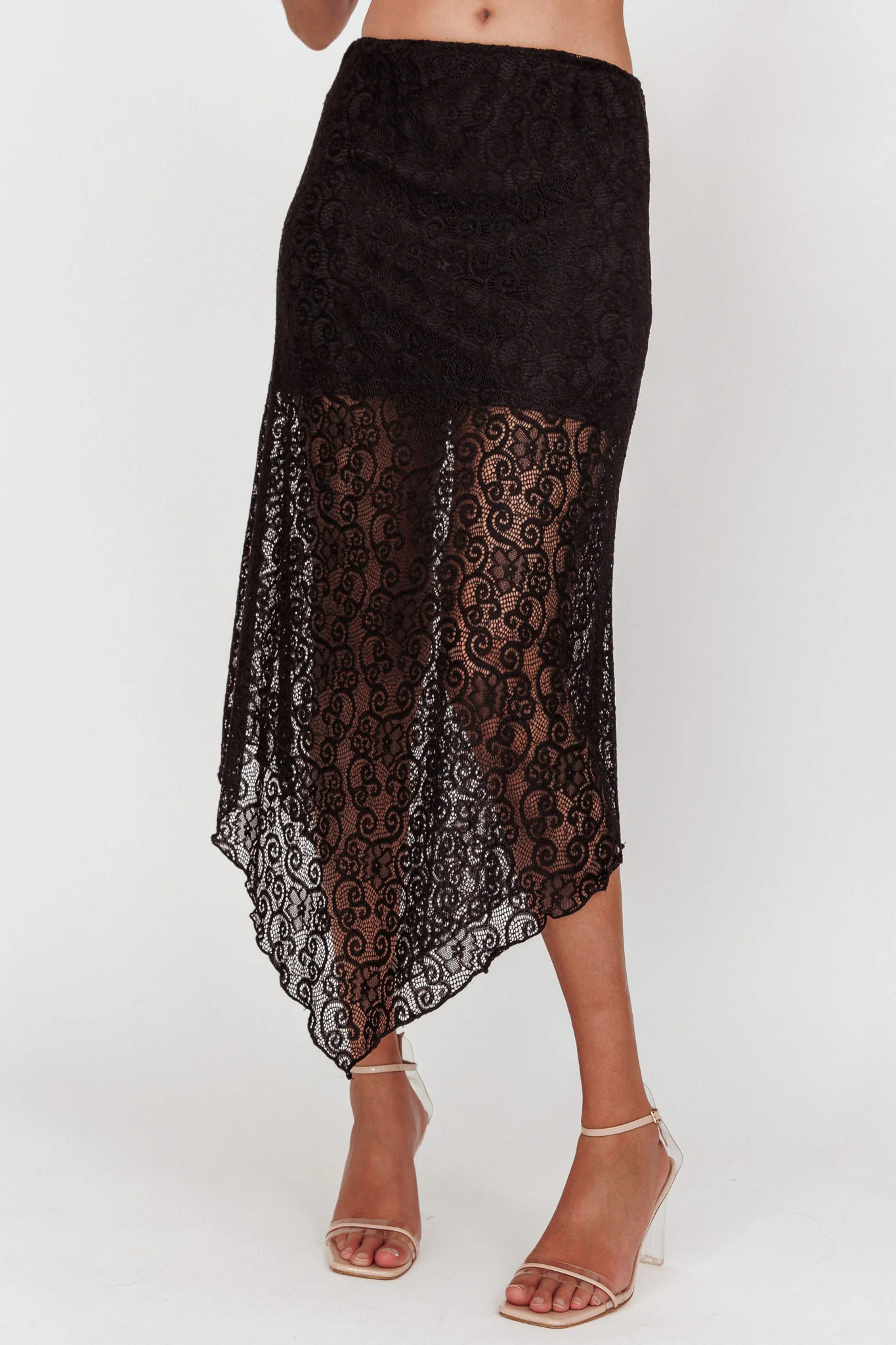 Sweet Words V-Hem Lace Midi Skirt Black - Sonourner
