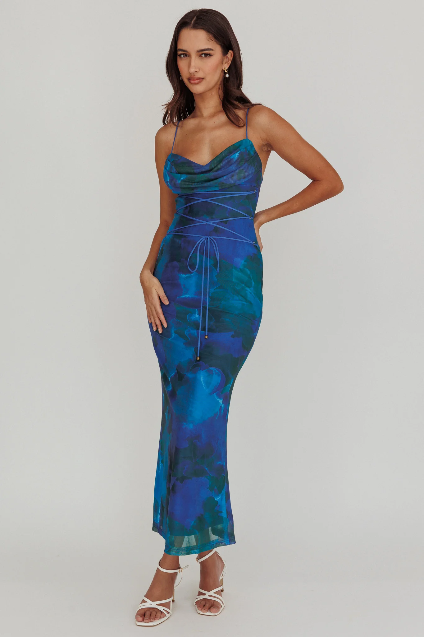Teava Laced Waist Maxi Dress Print Blue - Sonourner