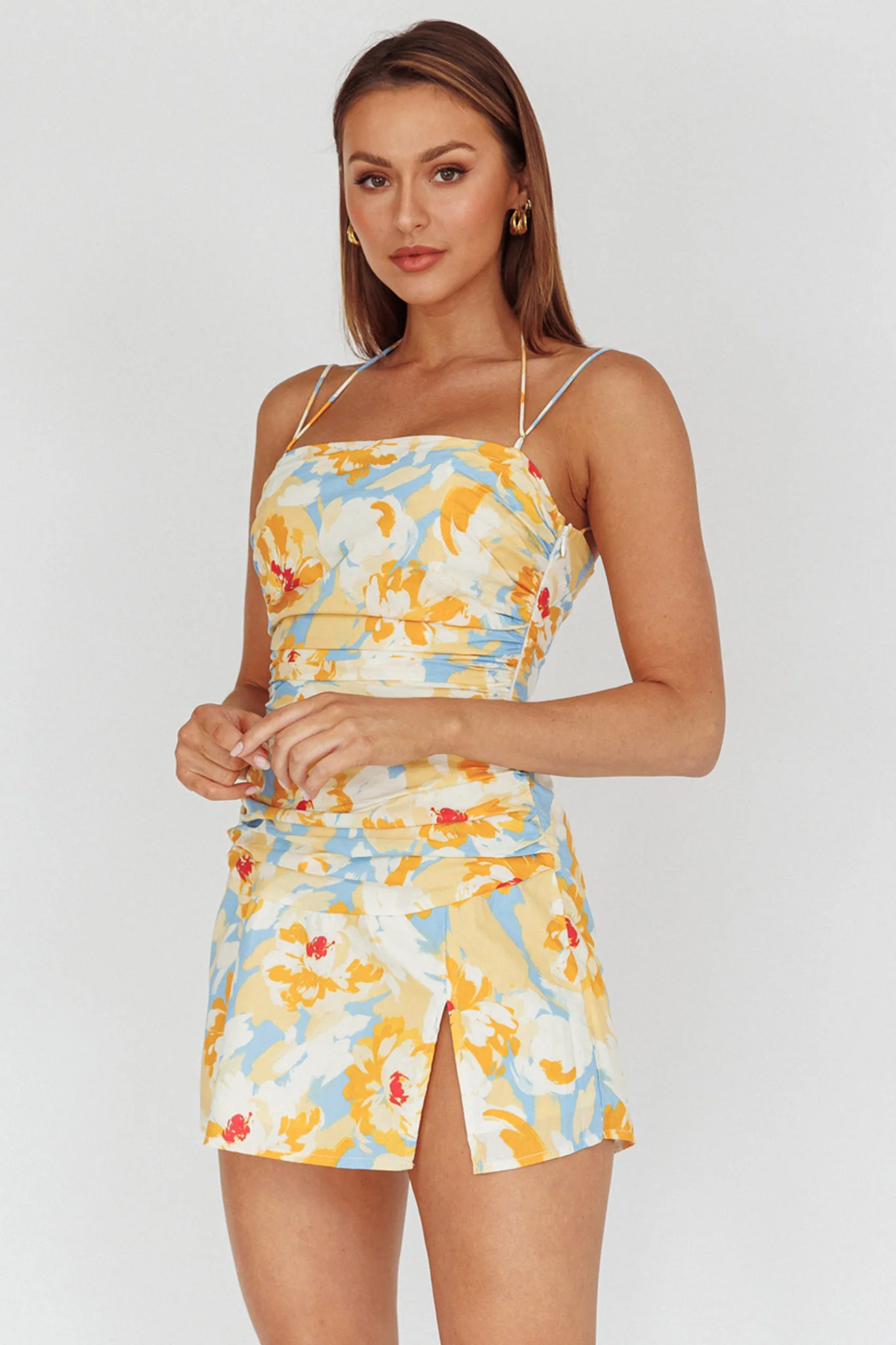 So Cliche Lace-Up Back Mini Dress Floral Orange - Sonourner