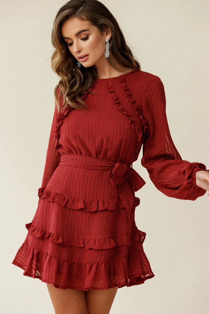 Dusk Long Sleeve Waist Tie Frill Dress Thin Stripe Wine - Sonourner