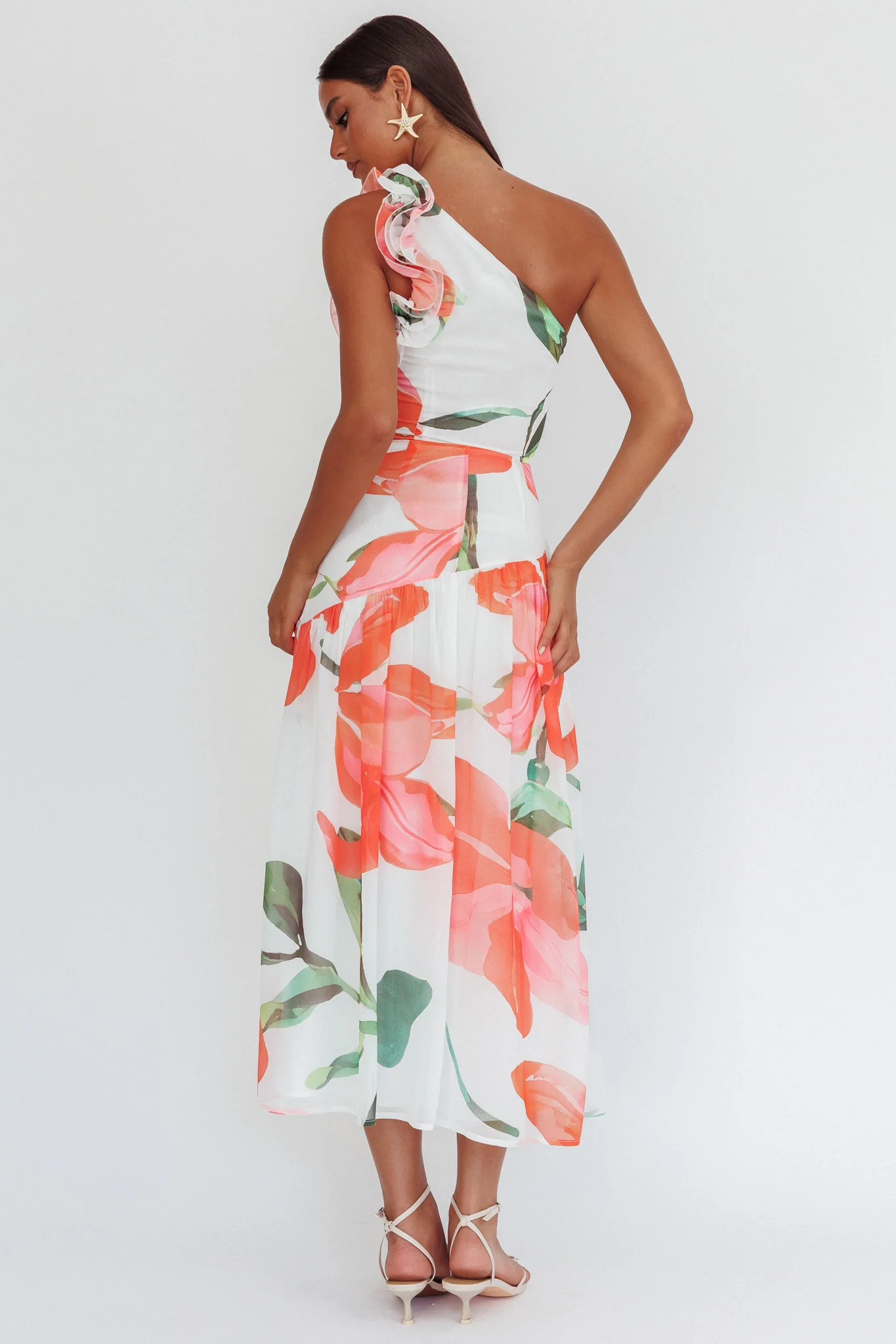 Kinley One-Shoulder Ruffle Maxi Dress Floral Red - Sonourner