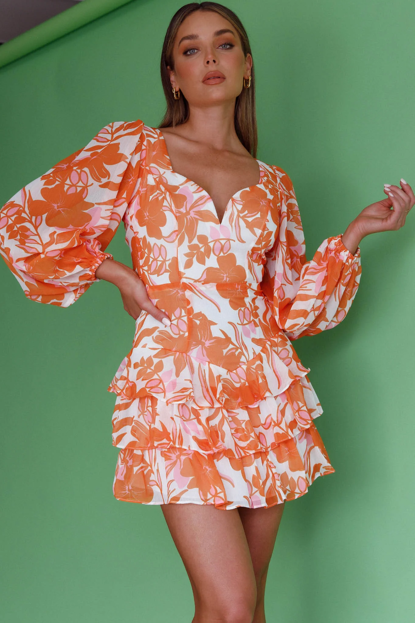 Romance Novel Long Sleeve Tied Back Floral Dress Orange - Sonourner