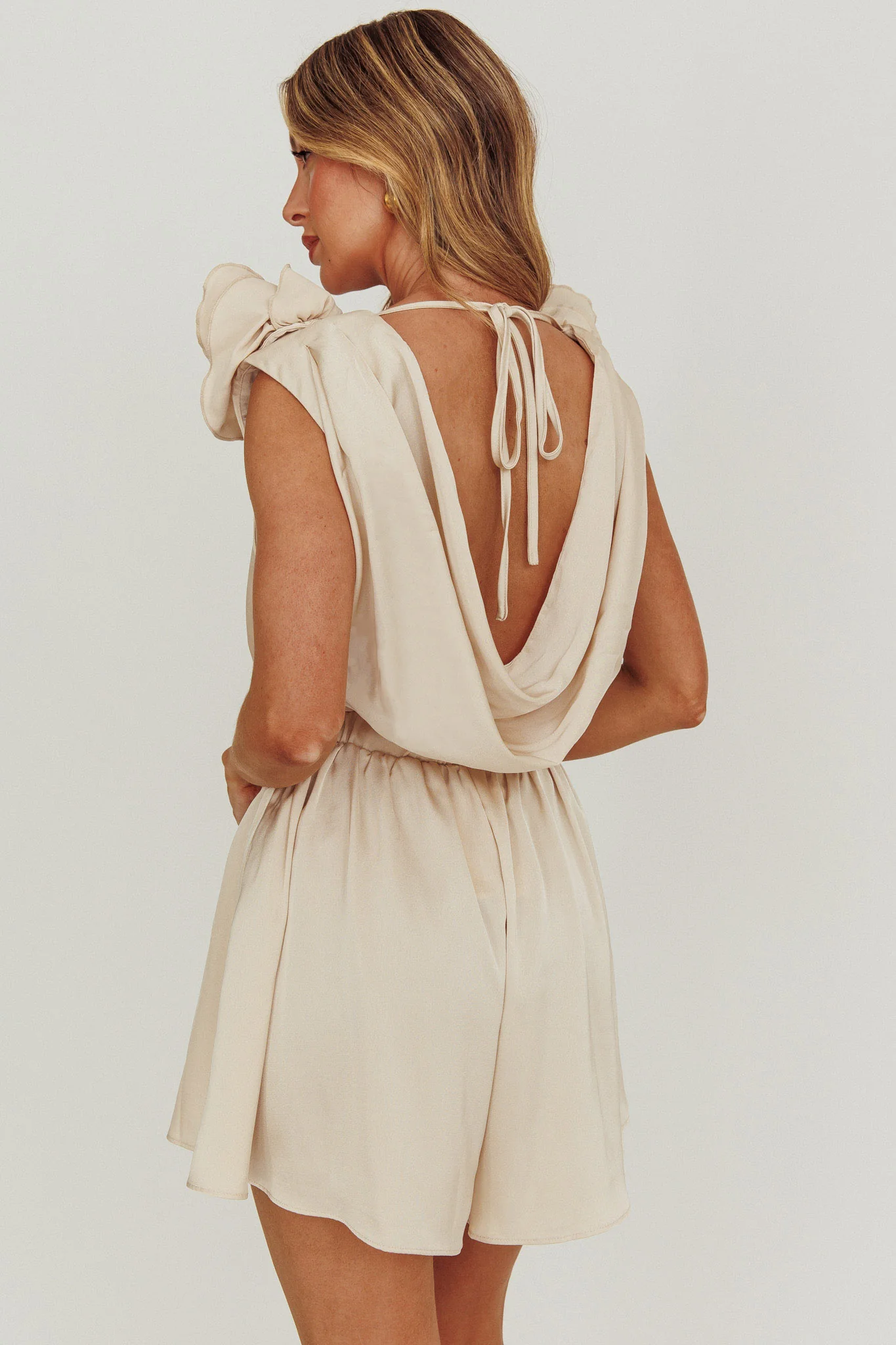 Hallie Cowl Neck Rosette Romper Champagne - Sonourner