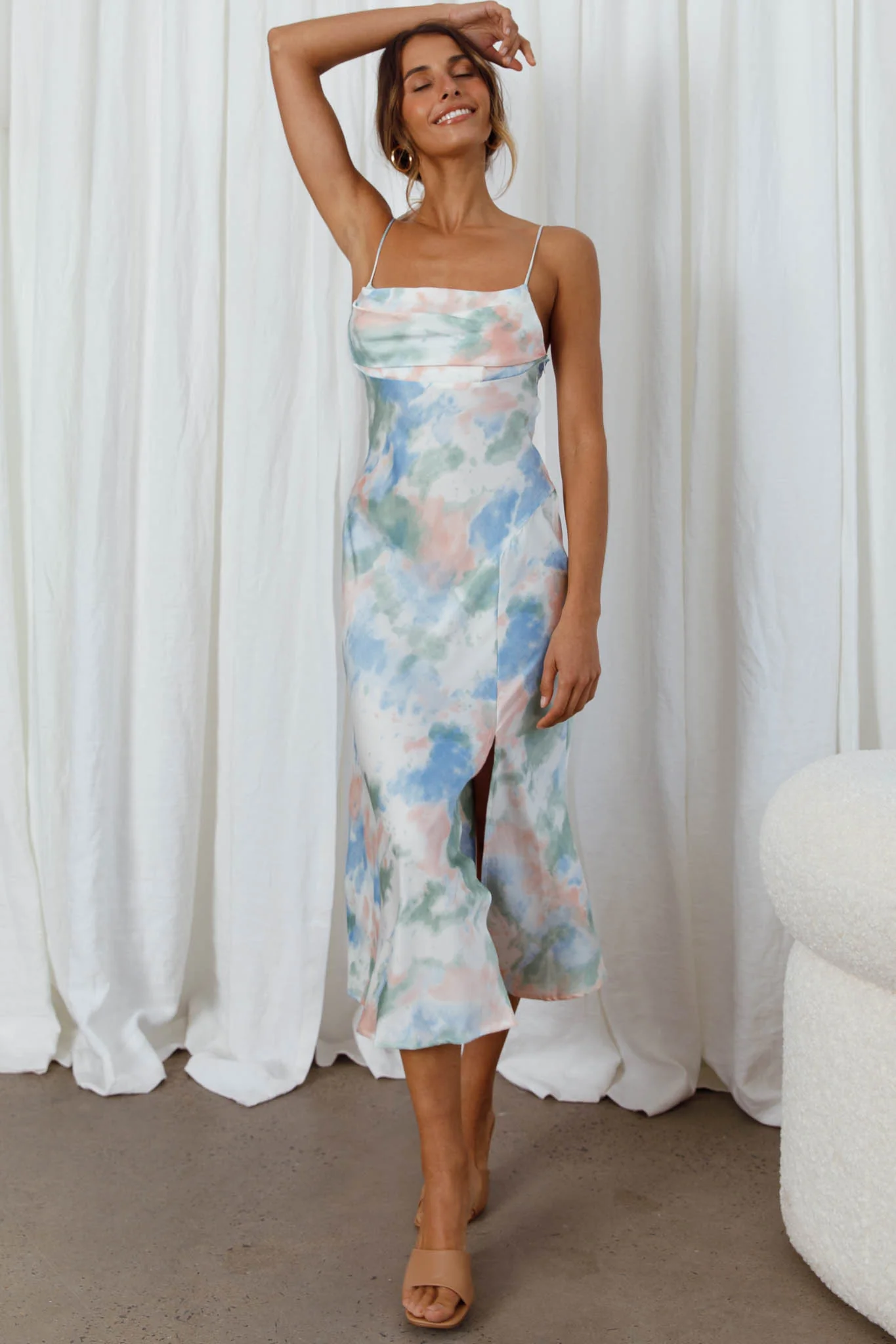 Well Versed Pleated Bust Front Split Dress Watercolor Green - Sonourner