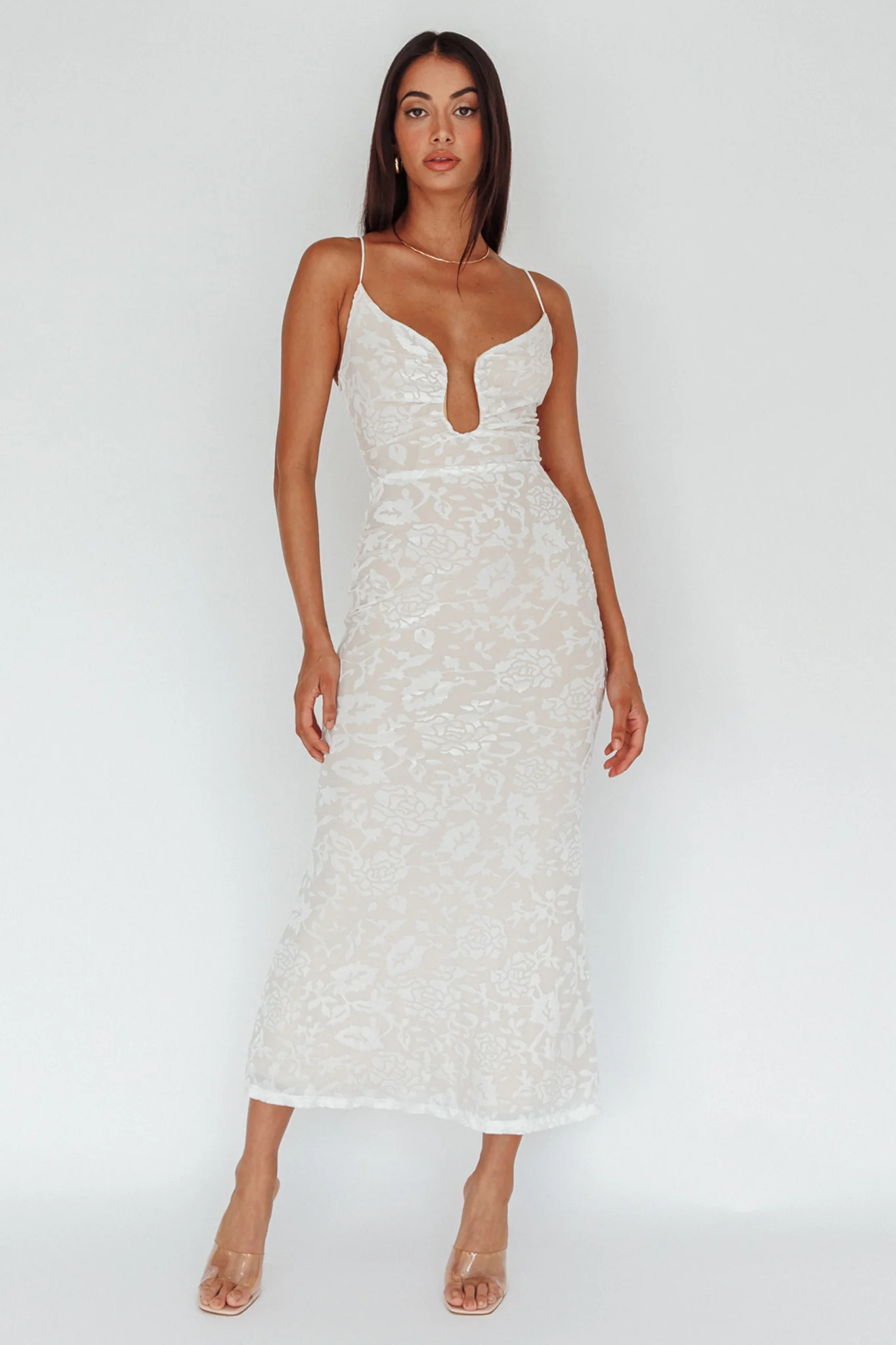 Nouveau U-Neckline Midi Dress Floral White - Sonourner