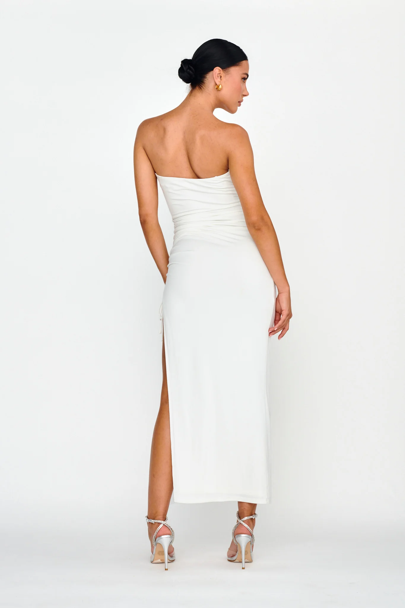 Affections Drawstring Ruched Split Maxi Dress White - Sonourner