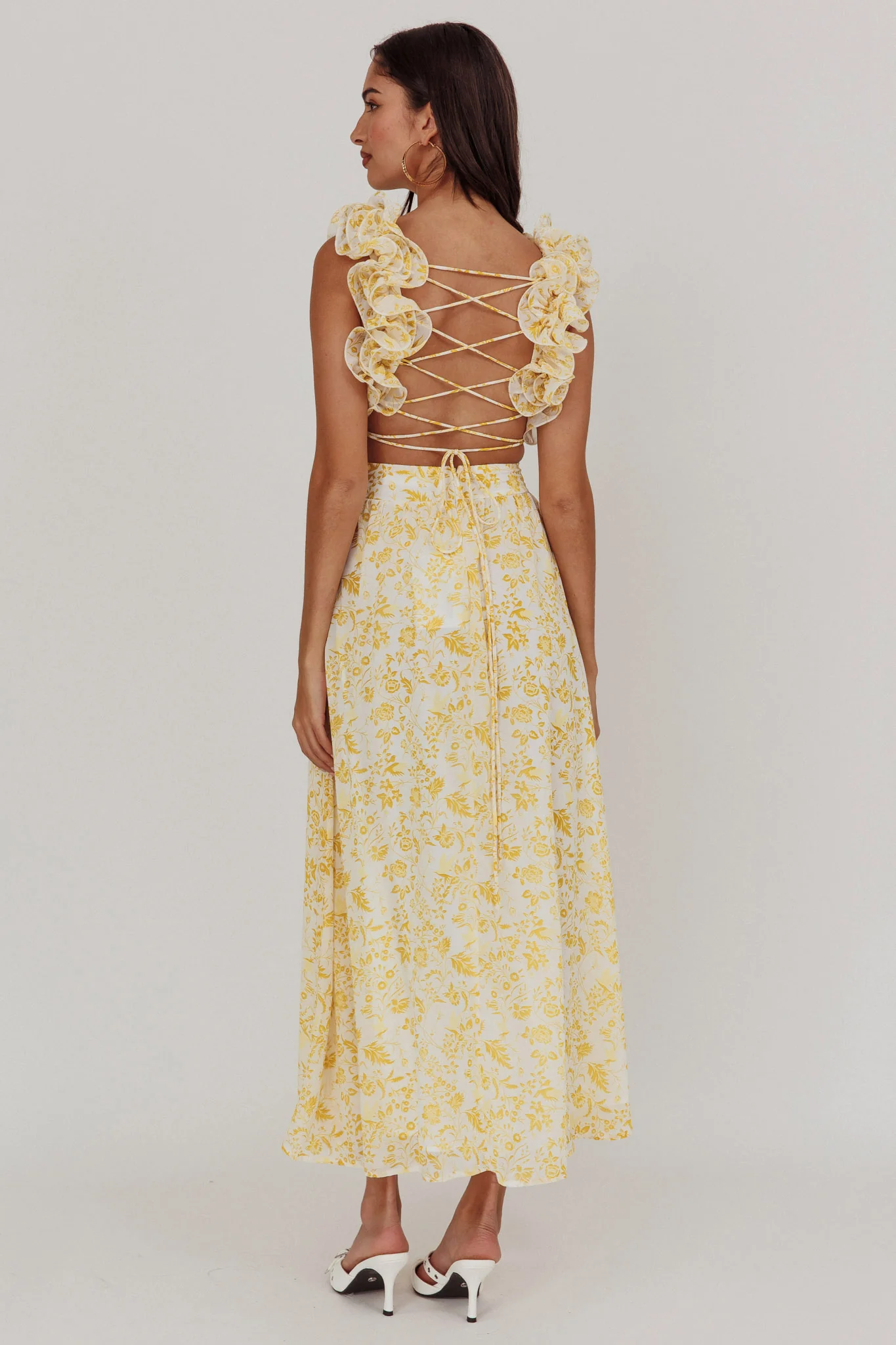 Madara Lace-Up Back Maxi Dress Floral Yellow - Sonourner