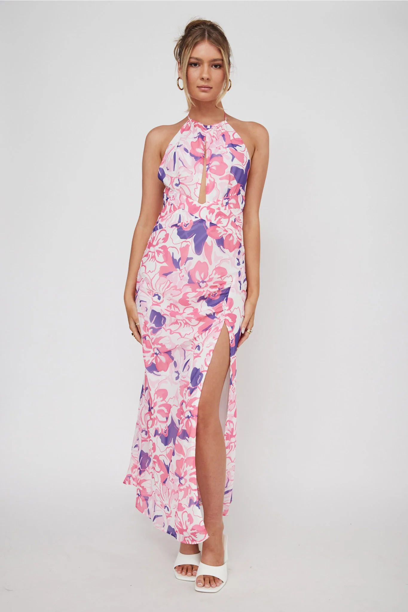 Nirvana Halterneck Split Midi Dress Floral Pink - Sonourner
