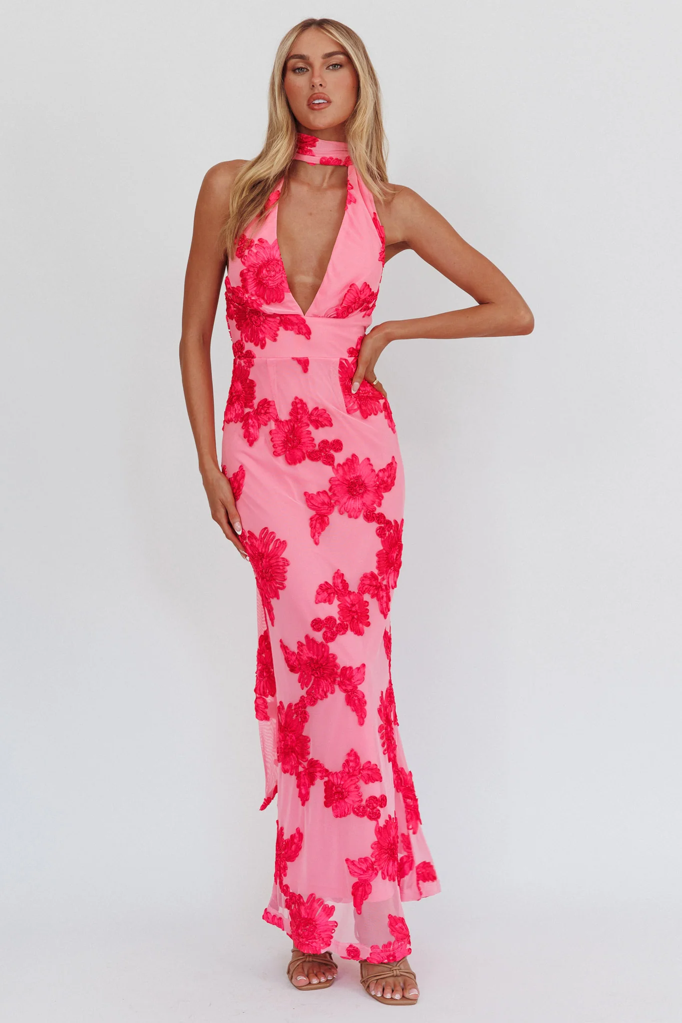 Cipriana Backless Halter Maxi Dress Embellished Pink - Sonourner