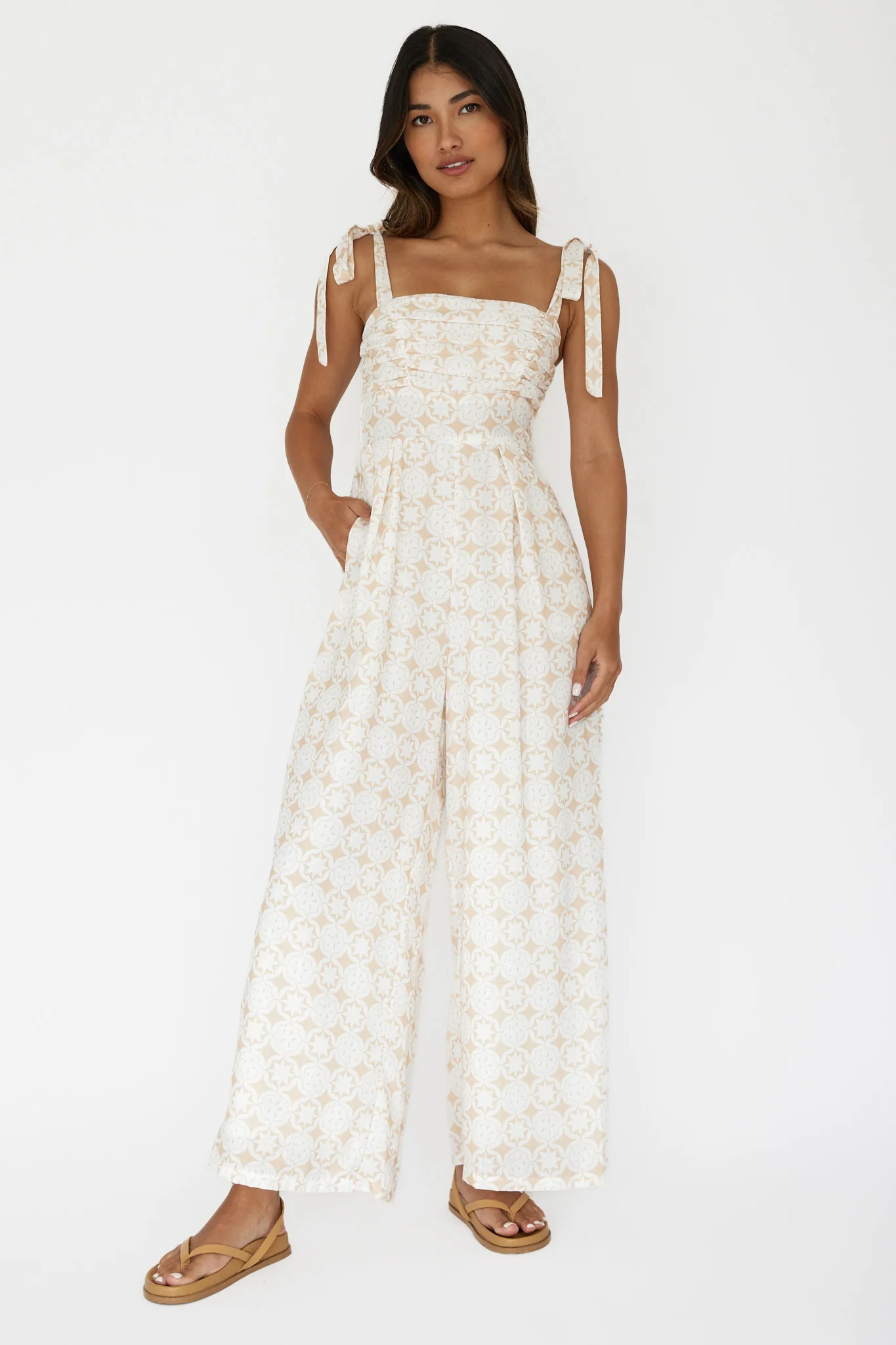 Kersty Tied Shoulder Jumpsuit Beige - Sonourner