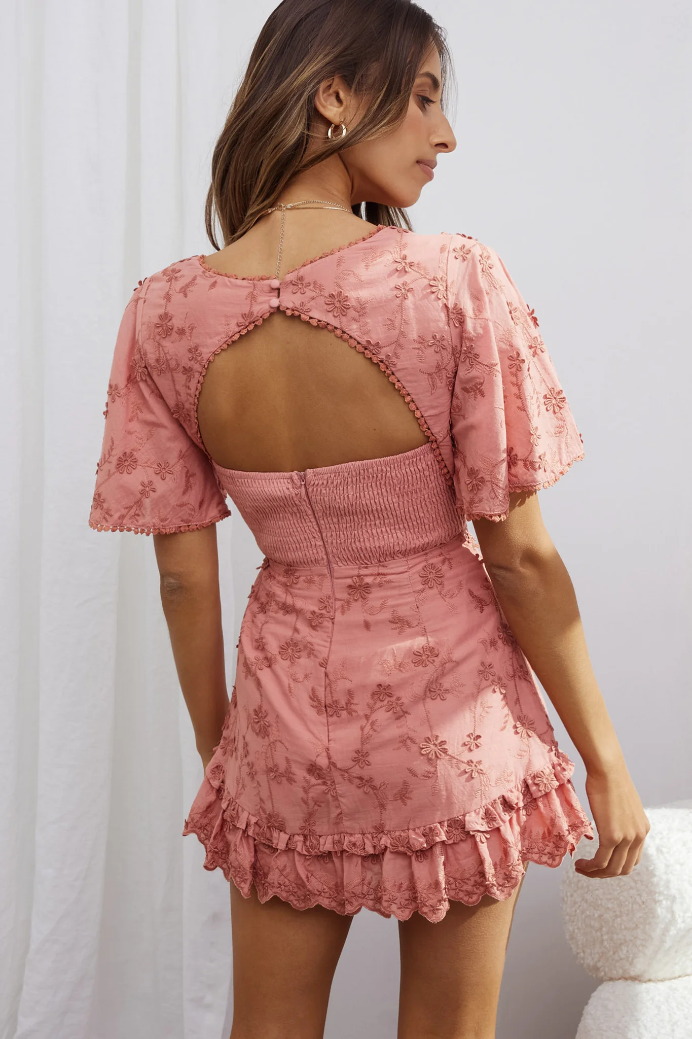 Joanie Angel Sleeve Floral Embroidery Mini Dress Rose - Sonourner