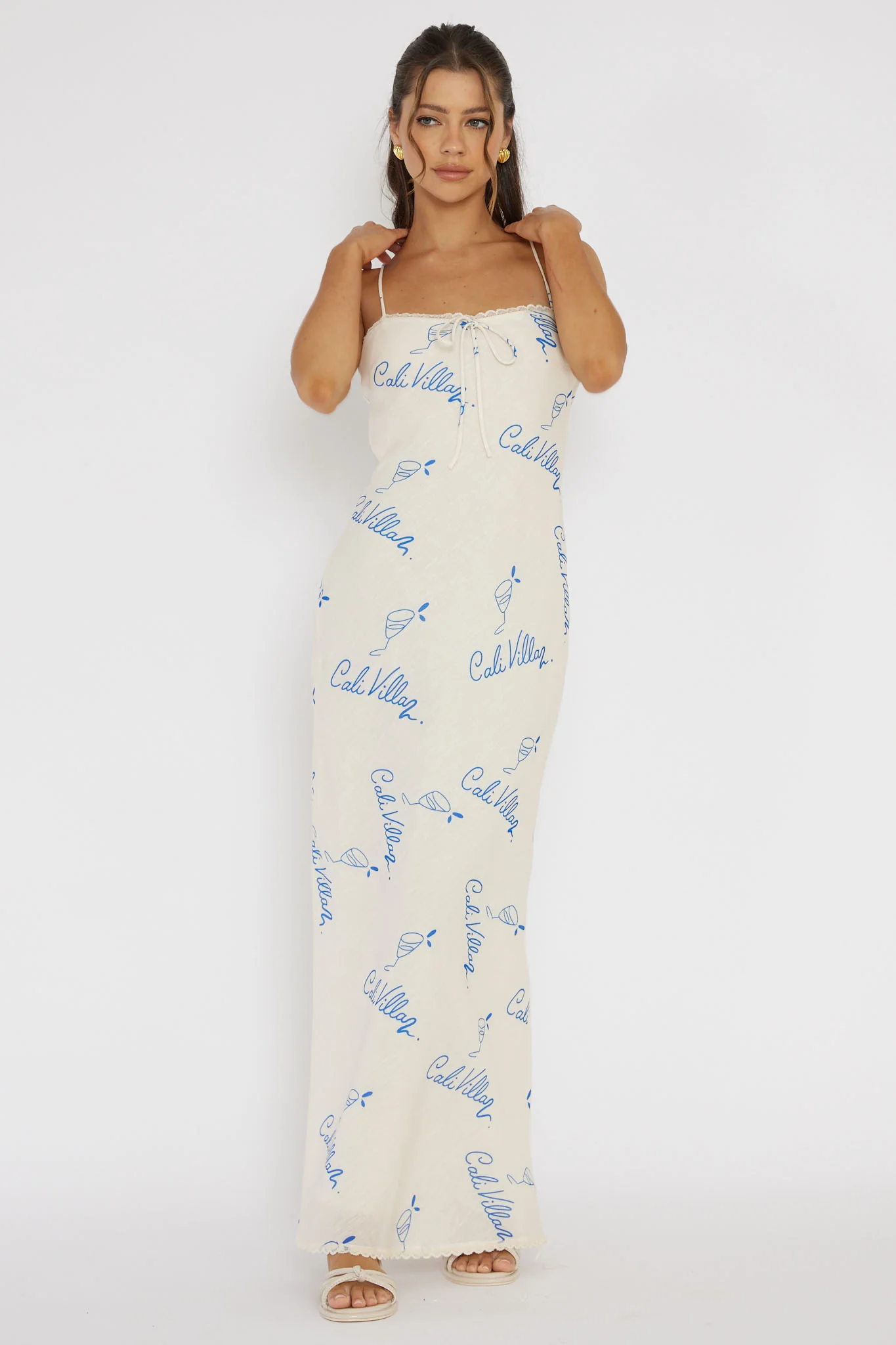 Cali Sunset Lace Trim Maxi Dress Print Blue - Sonourner