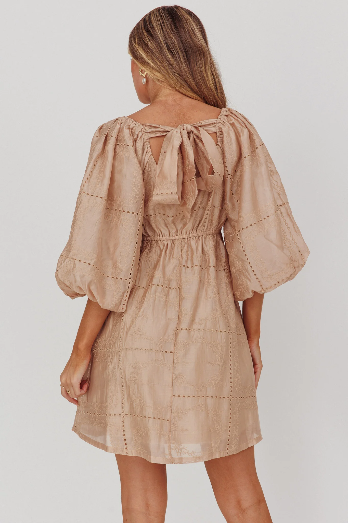 Summerlin Puff Sleeve Eyelet Mini Dress Beige - Sonourner