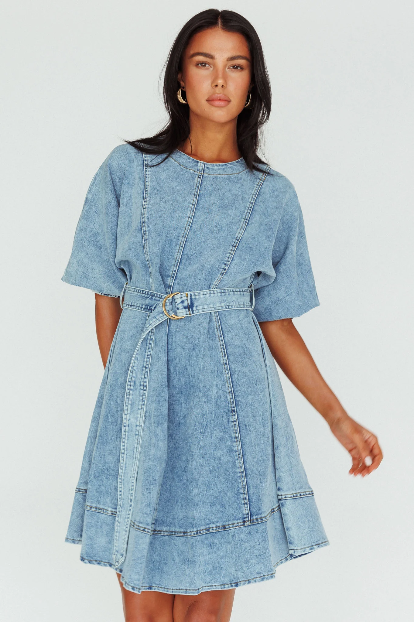 Cadijah Puff Sleeve Belted Mini Dress Denim Blue - Sonourner