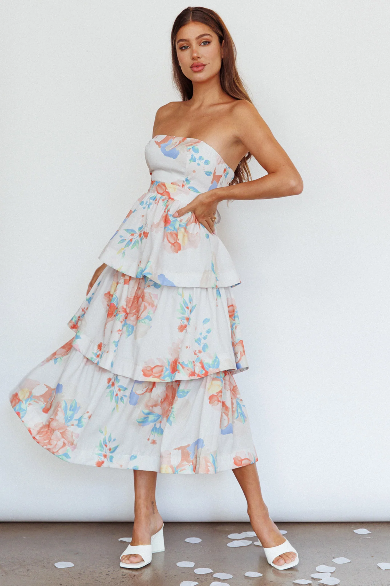 Outshine Strapless Tiered Midi Dress Floral Peach - Sonourner