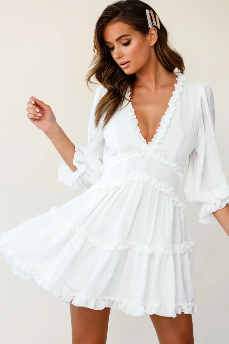 Laney Cutout Back Balloon Sleeve Dress White - Sonourner