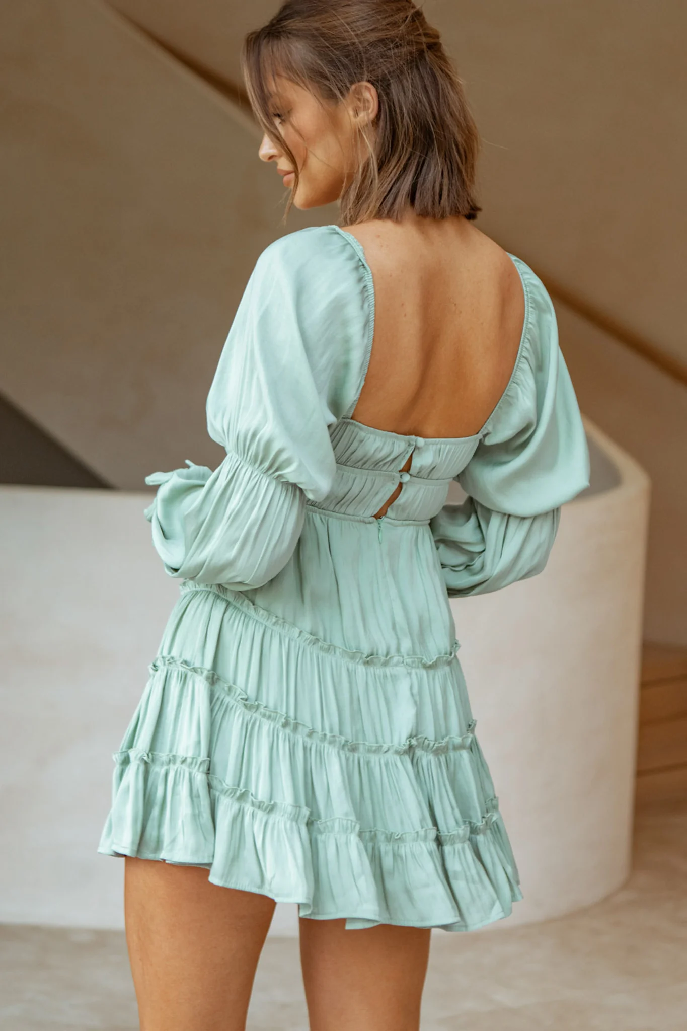 Josephina Lace-Up Front Long Sleeve Mini Dress Avocado - Sonourner