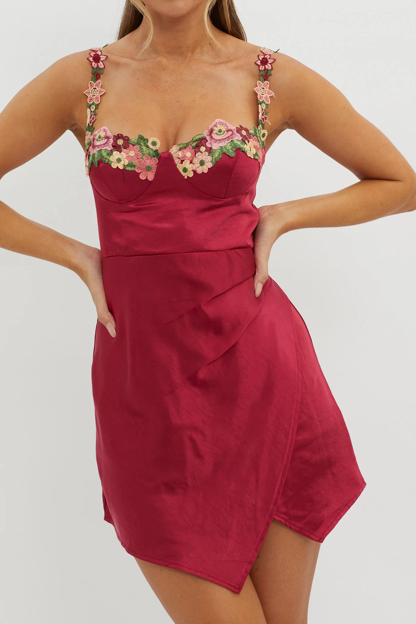 Rose Garden Floral Applique Wrap Mini Dress Merlot - Sonourner