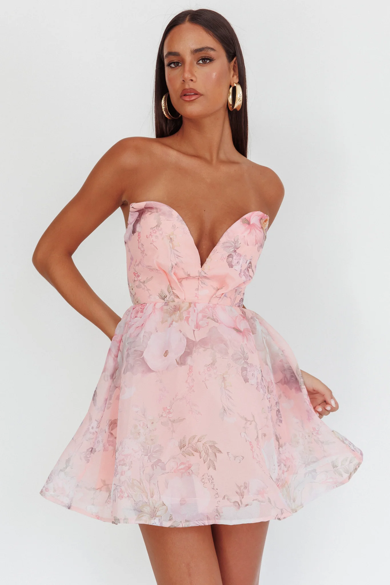 Gem Deep Sweetheart Neckline Mini Dress Floral Pink - Sonourner