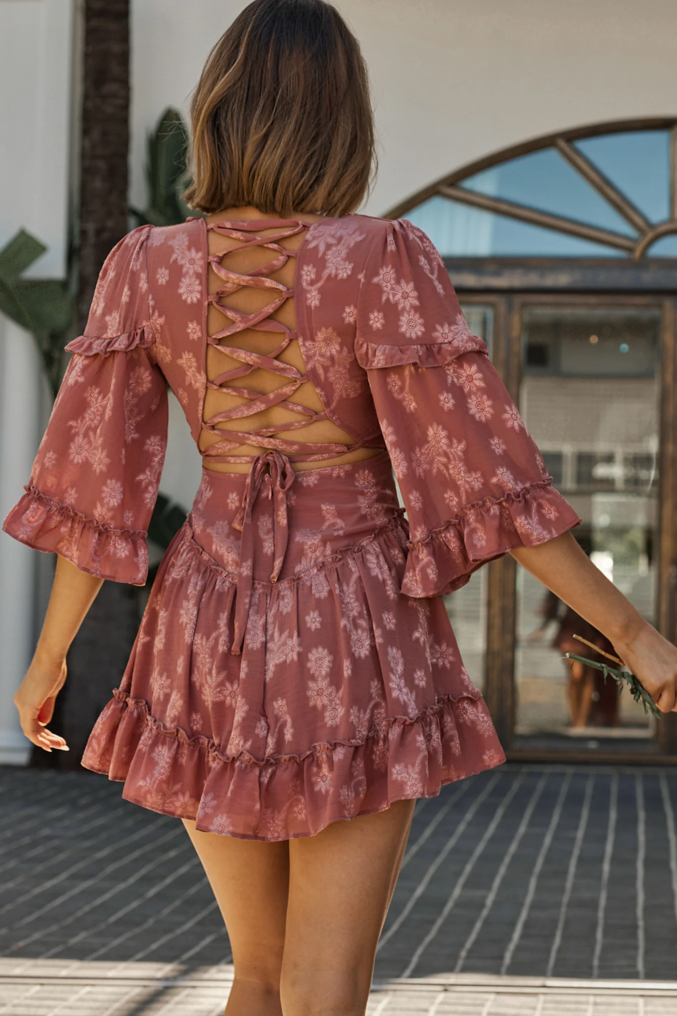 Albany Lace Up Back Frill Dress Flower Print Rose - Sonourner