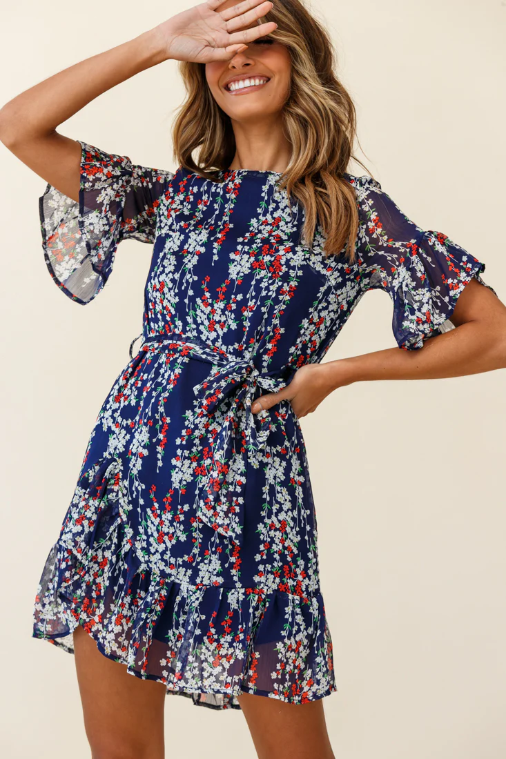 Azealia Ruffle Hem Dress Floral Print Navy - Sonourner