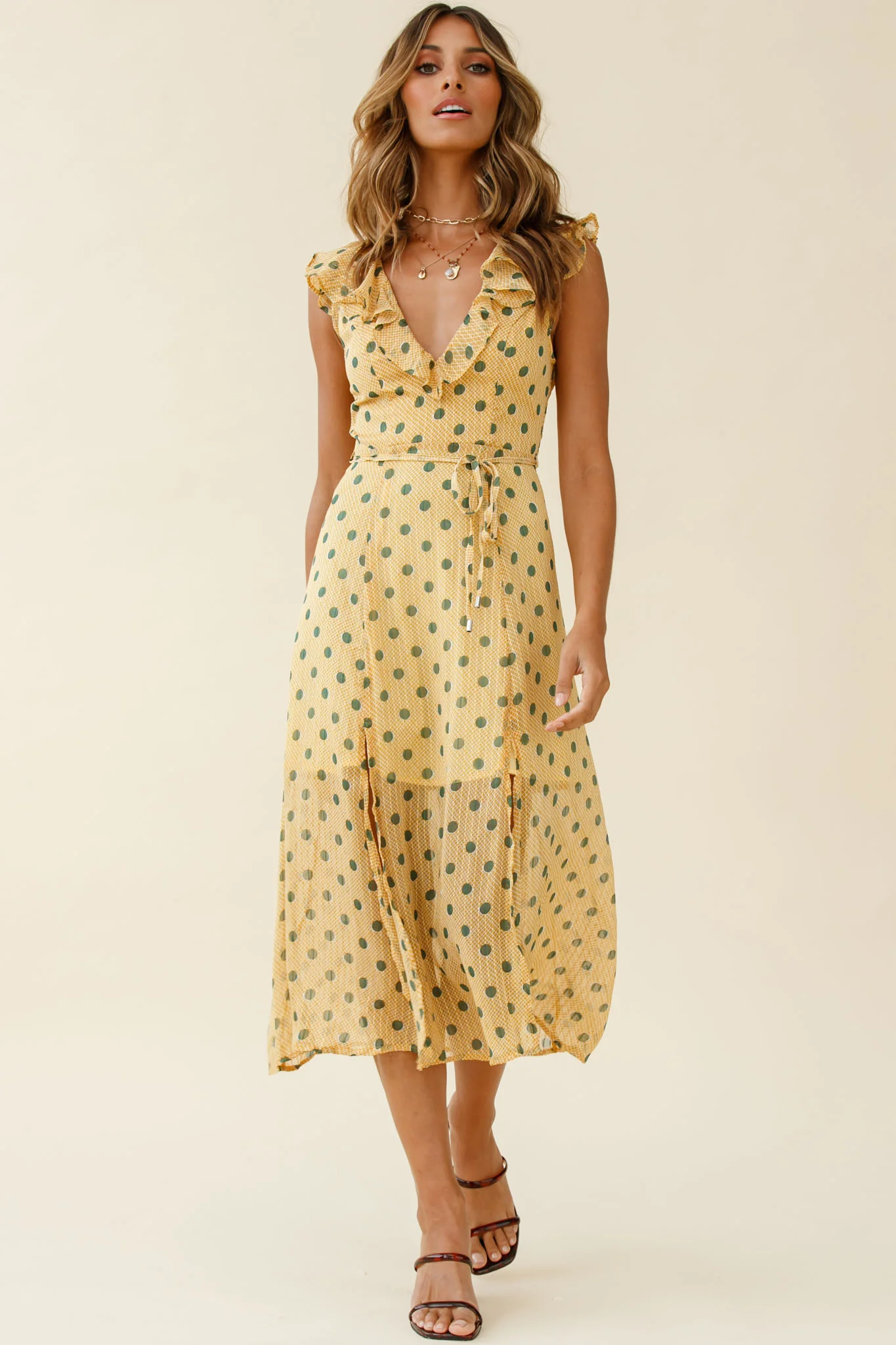 Karina Frill Neckline Midi Dress Polka Dot Print Mustard - Sonourner