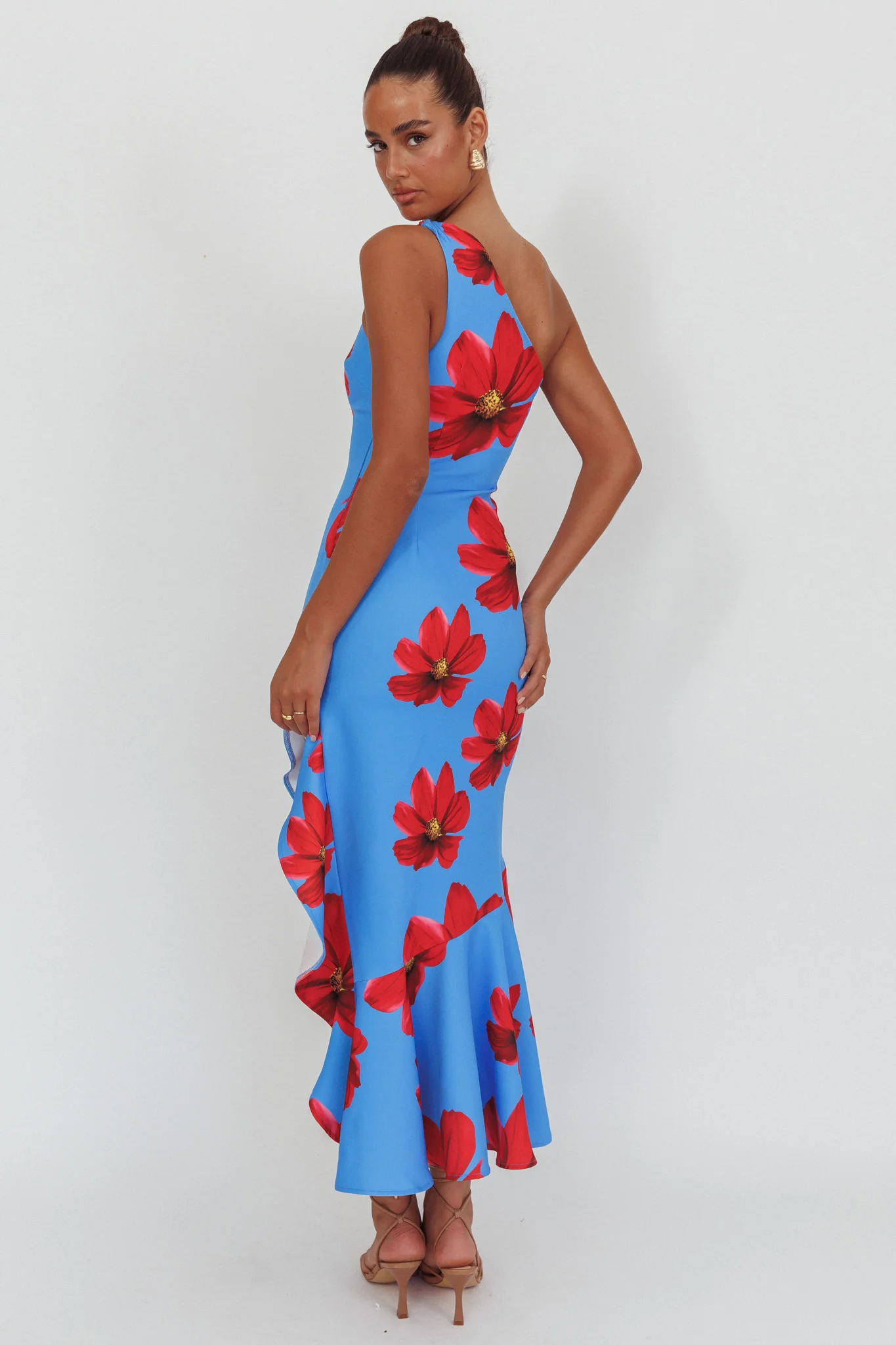 Lights On One-Shoulder Ruffle Hem Maxi Dress Floral Blue - Sonourner
