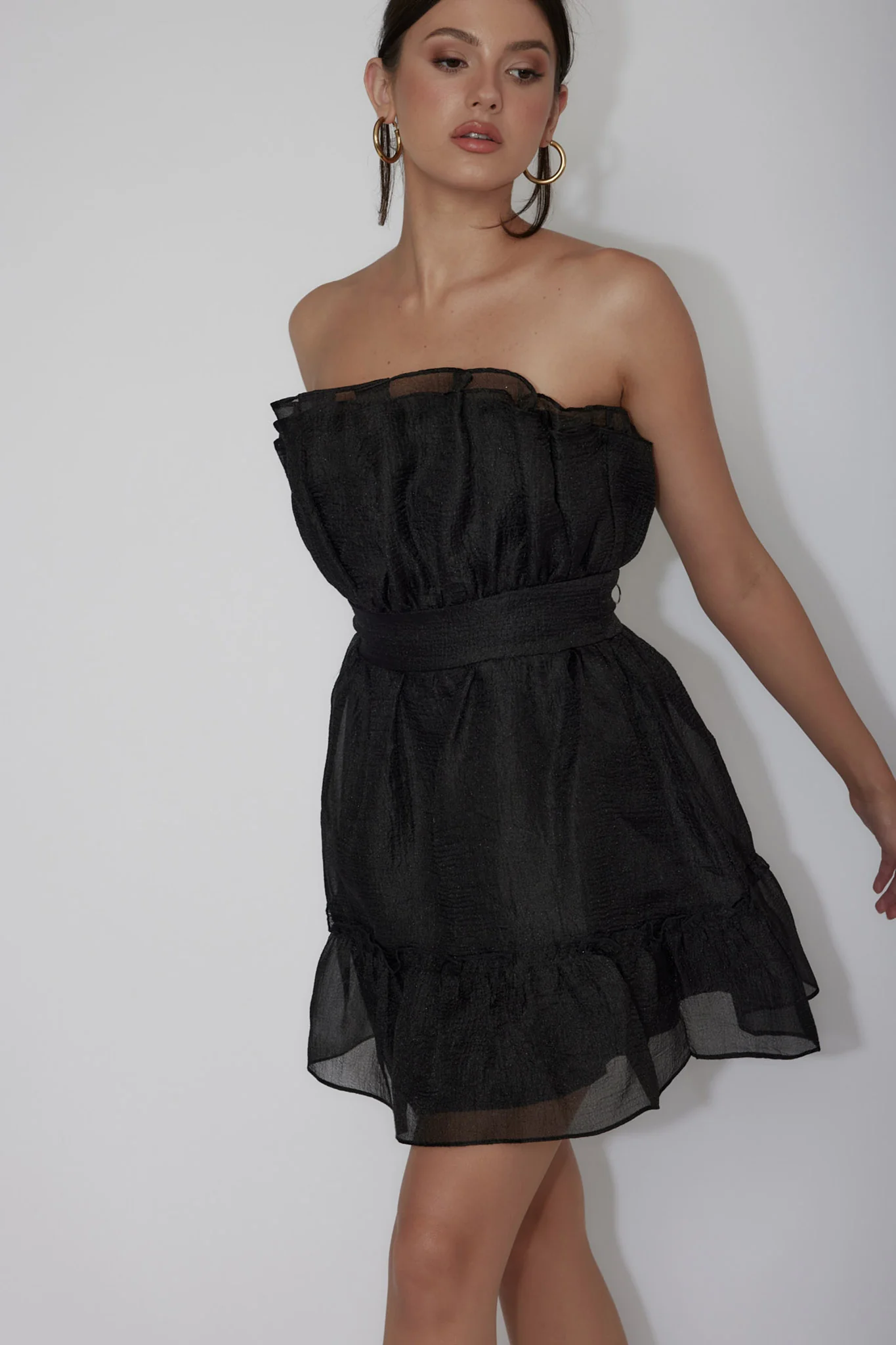 Marisela Strapless Frill Hem Mini Dress Black - Sonourner