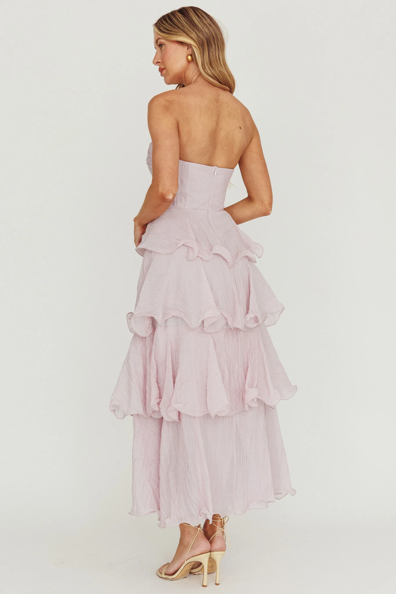 Giavana Strapless Layered Ruffles Midi Dress Lilac - Sonourner