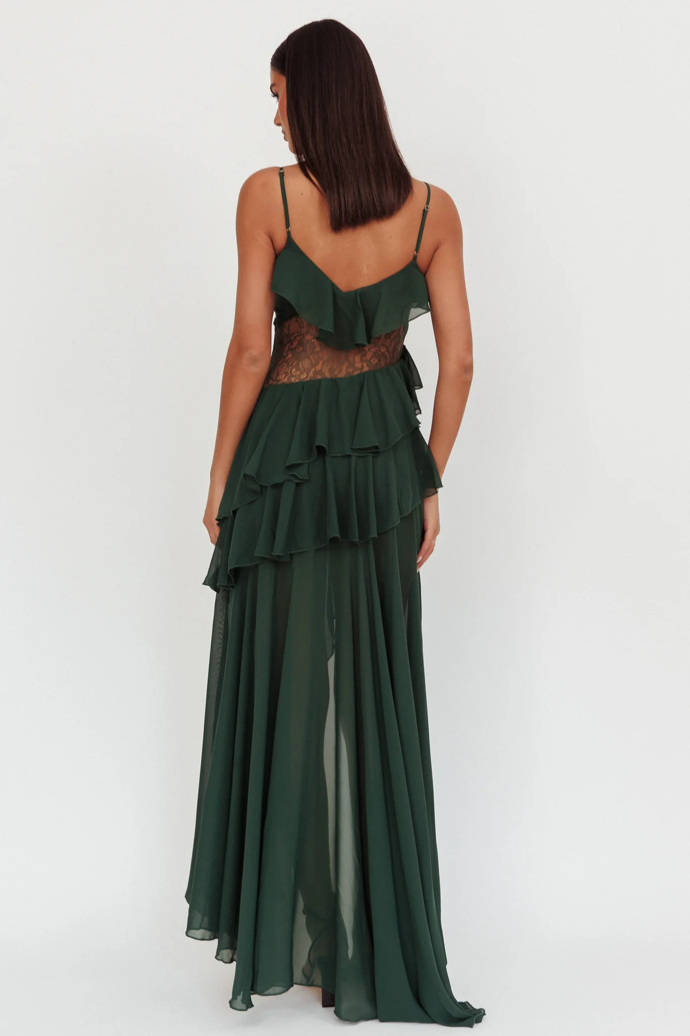 Amaretto Lace Waist Ruffle Maxi Dress Hunter Green - Sonourner