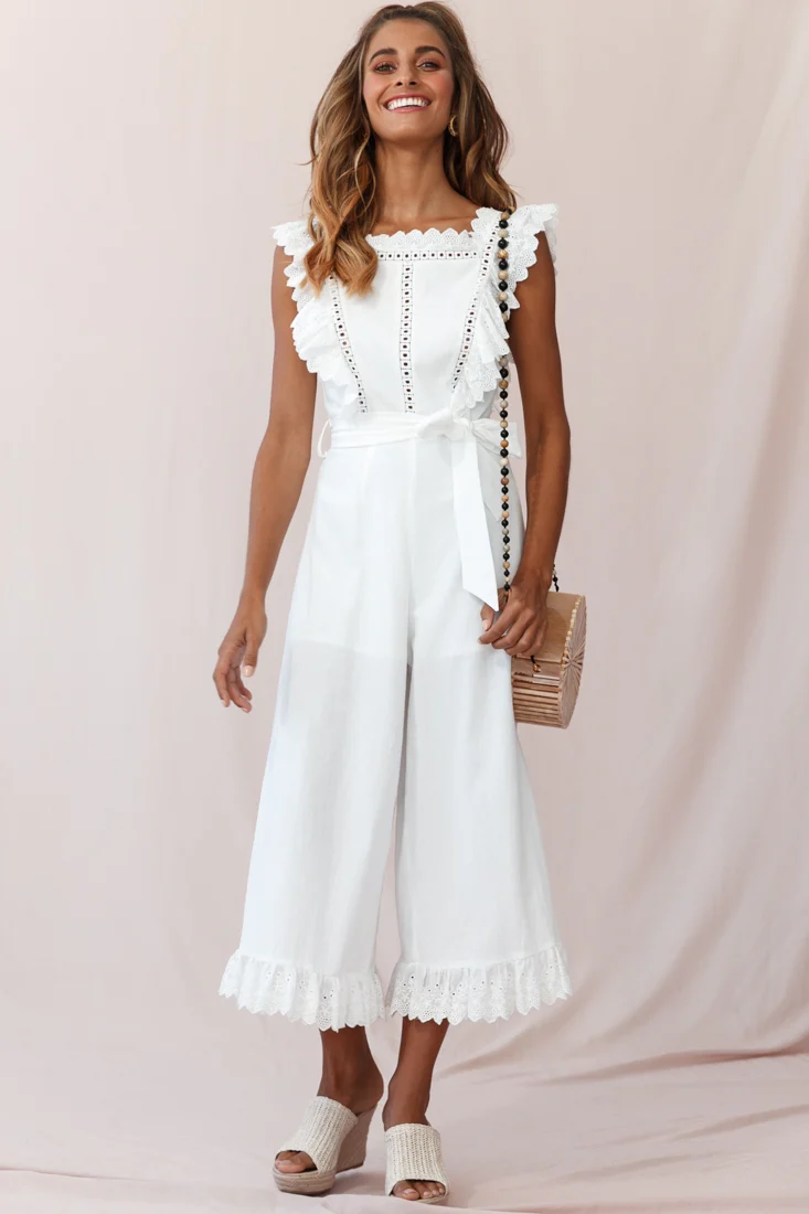 Meadow Ruffle Strap Open Back Midi Jumpsuit White - Sonourner