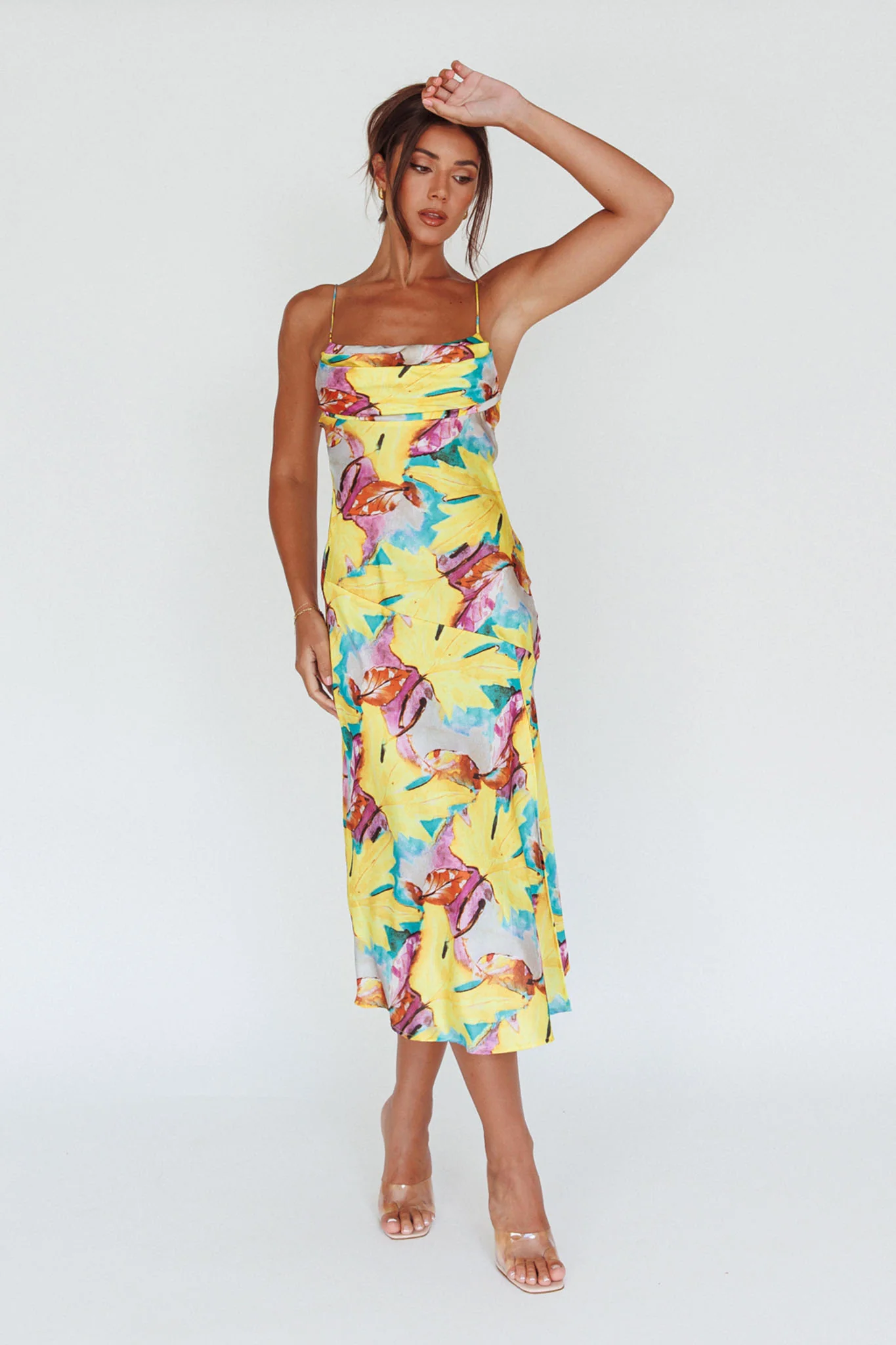 Well Versed Pleated Bust Front Split Dress Leaf Print Yellow - Sonourner