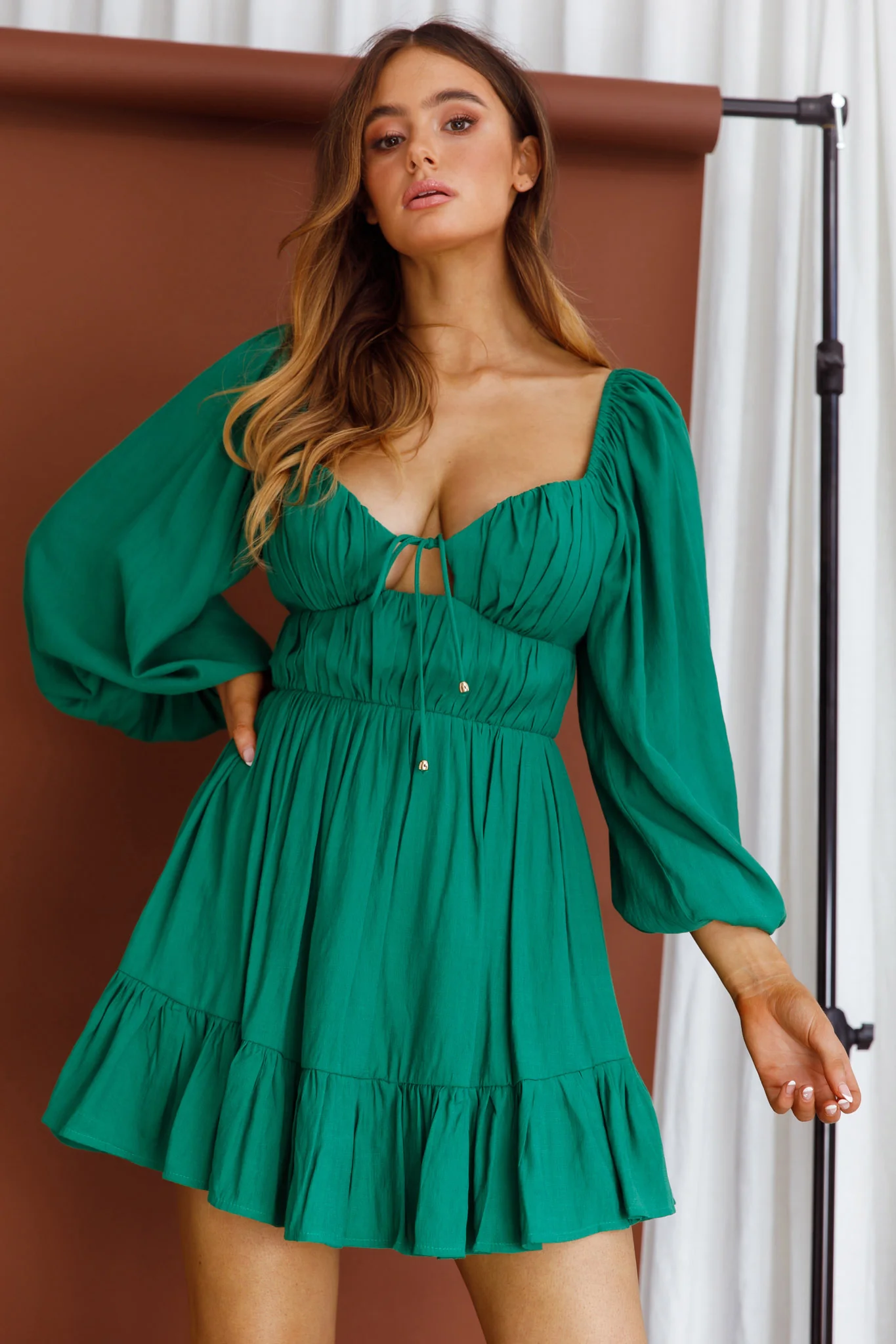 Vista Del Mar Tied Bust Mini Dress Dark Green - Sonourner