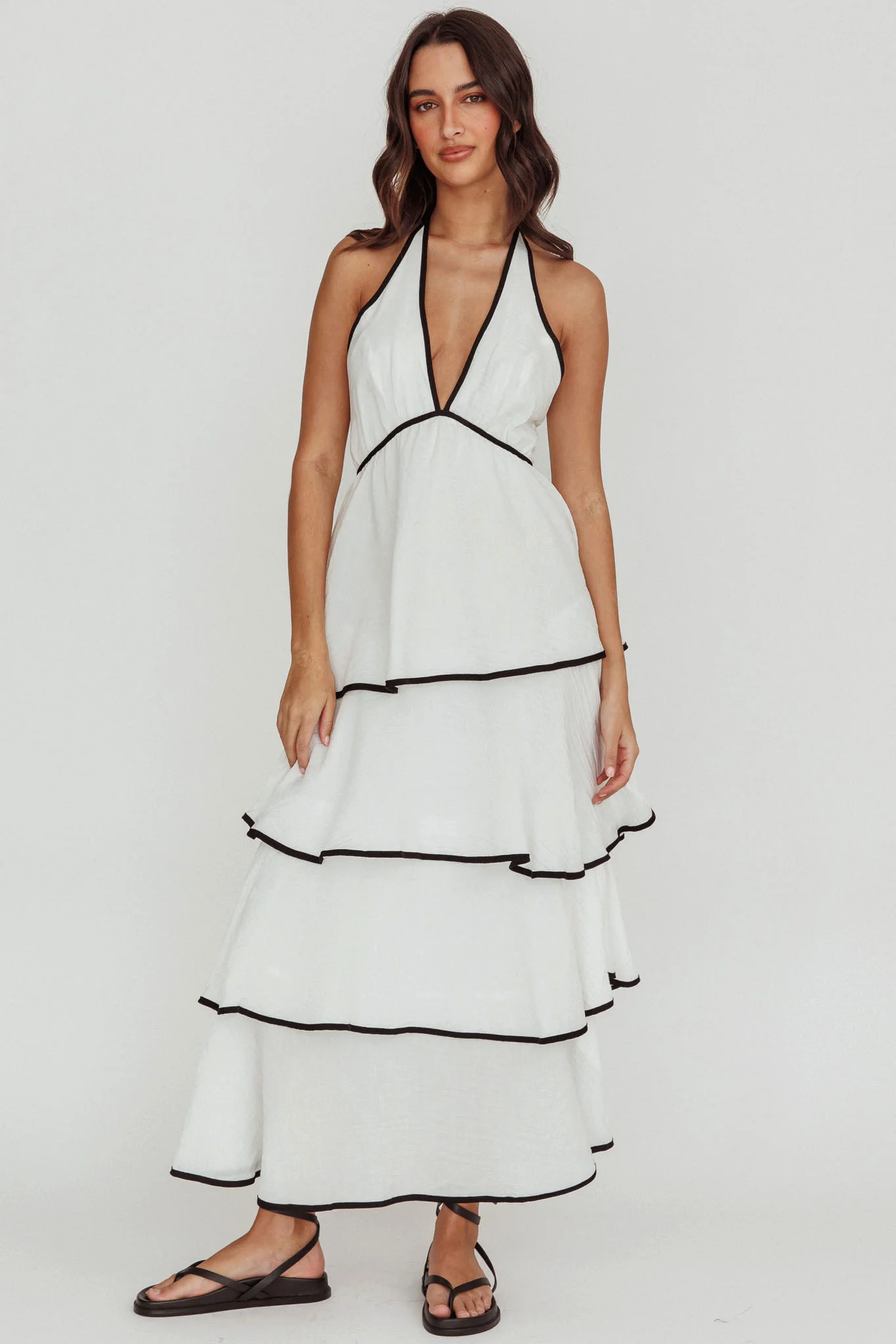 Catalina Tiered Ruffle Maxi Dress White/Black - Sonourner