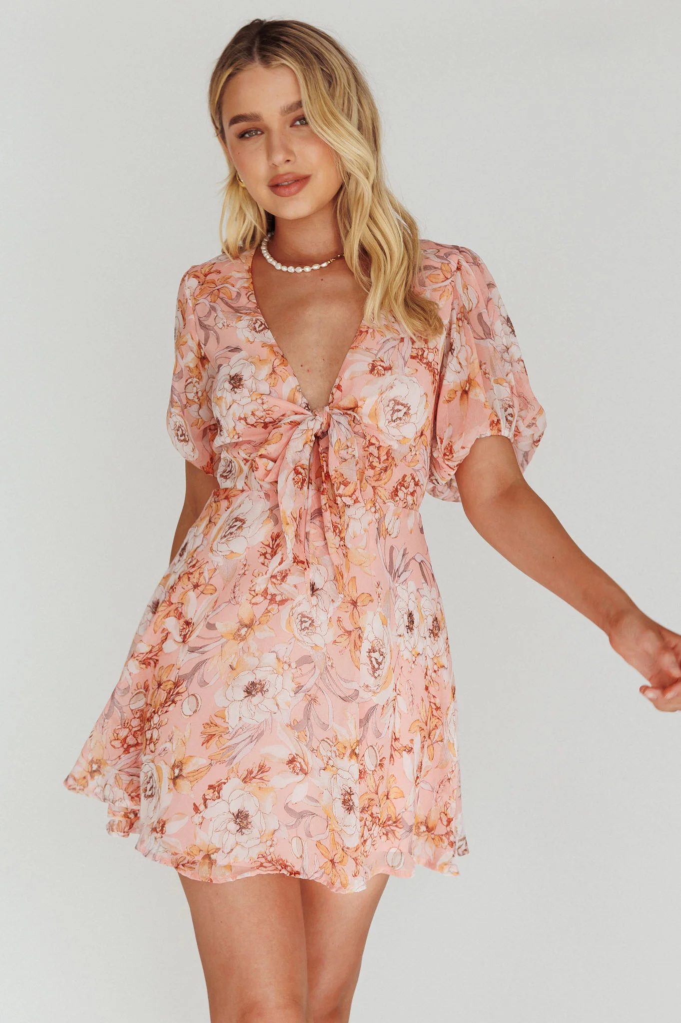 Madison Bow Tie Bust Puff Sleeve Dress Flowers Orange - Sonourner