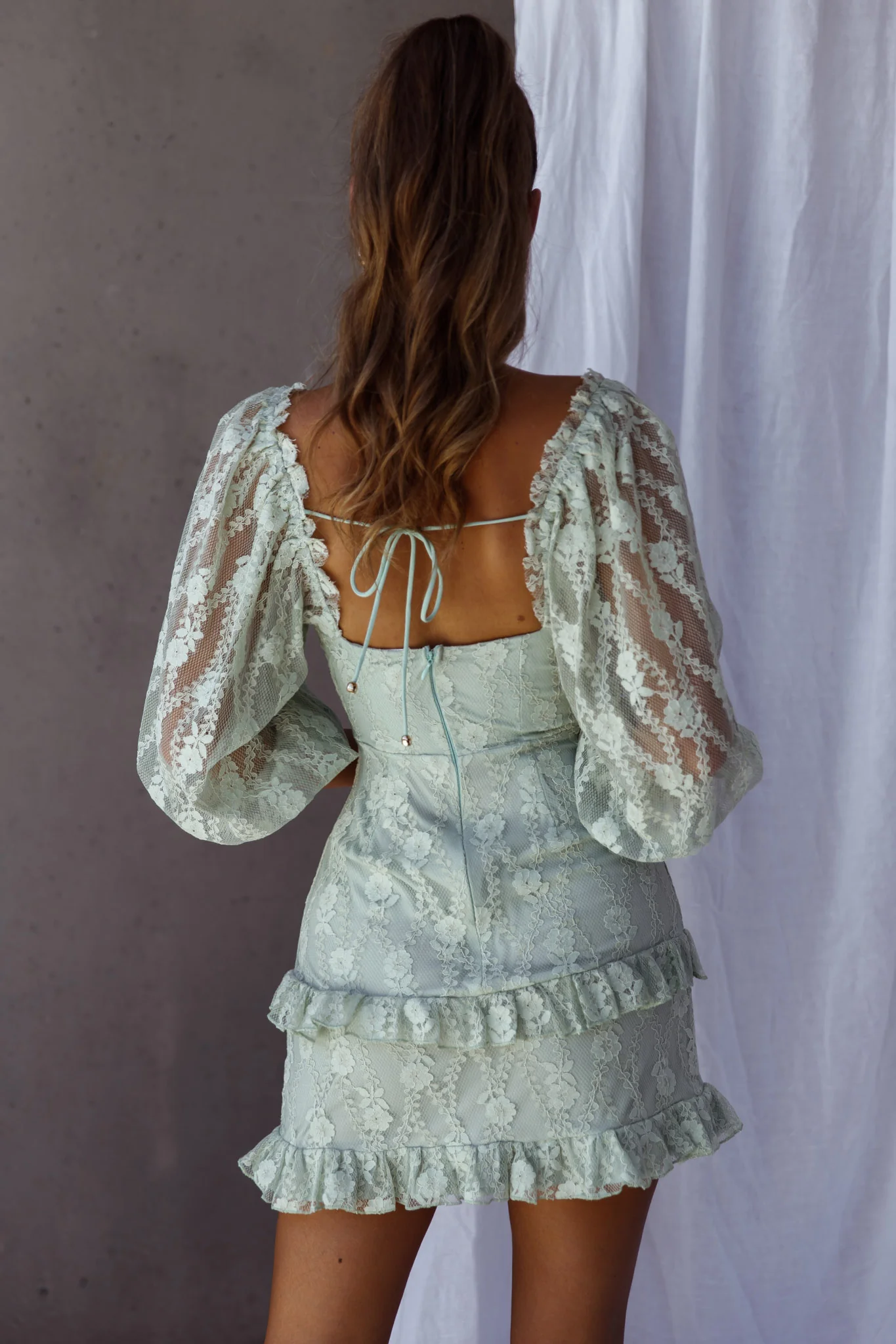 Hemingway Criss-Cross Bust Balloon Sleeve Frill Trim Lace Dress Sage - Sonourner