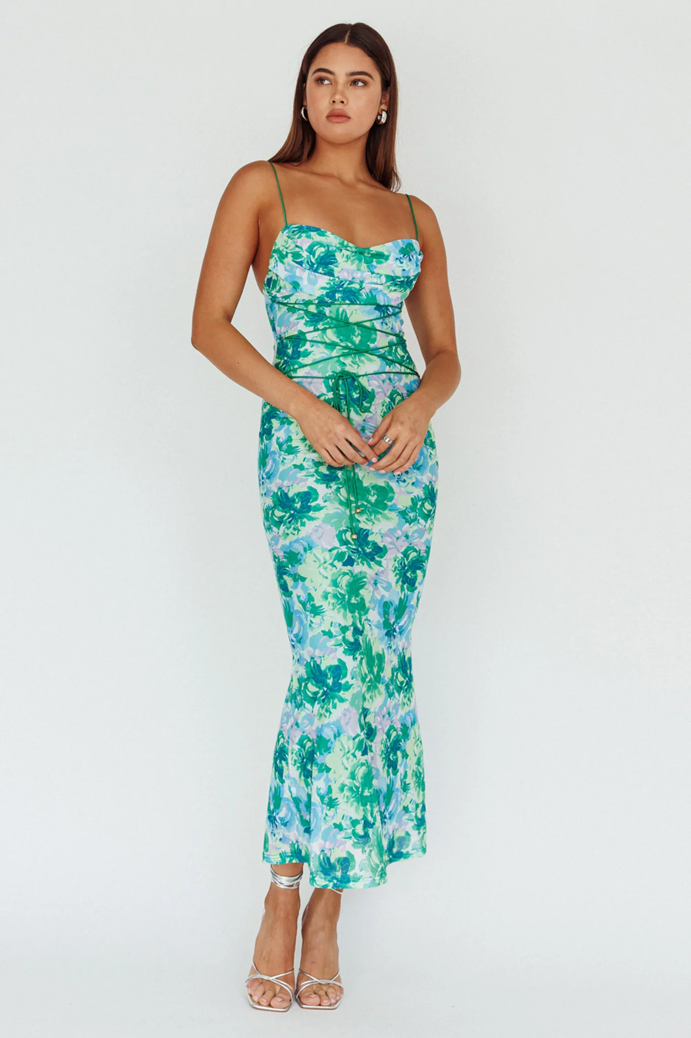 Teava Laced Waist Midi Dress Floral Green - Sonourner