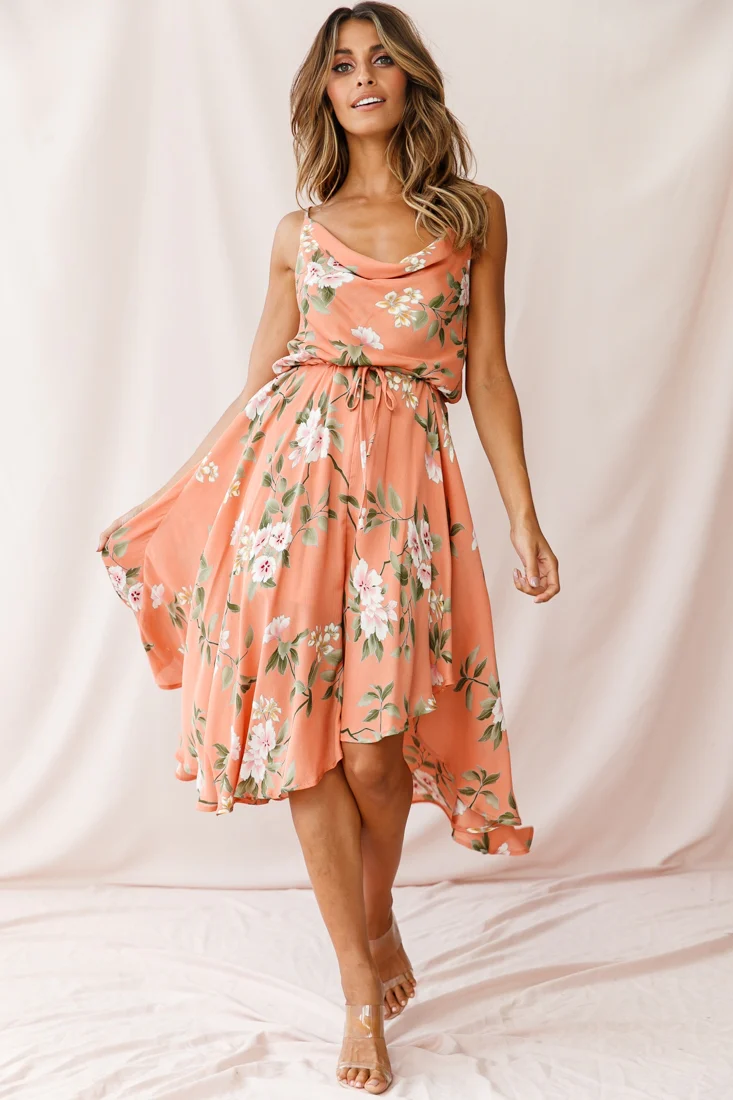 Ava Cowl Neck Drawstring Midi Dress Floral Print Peach - Sonourner