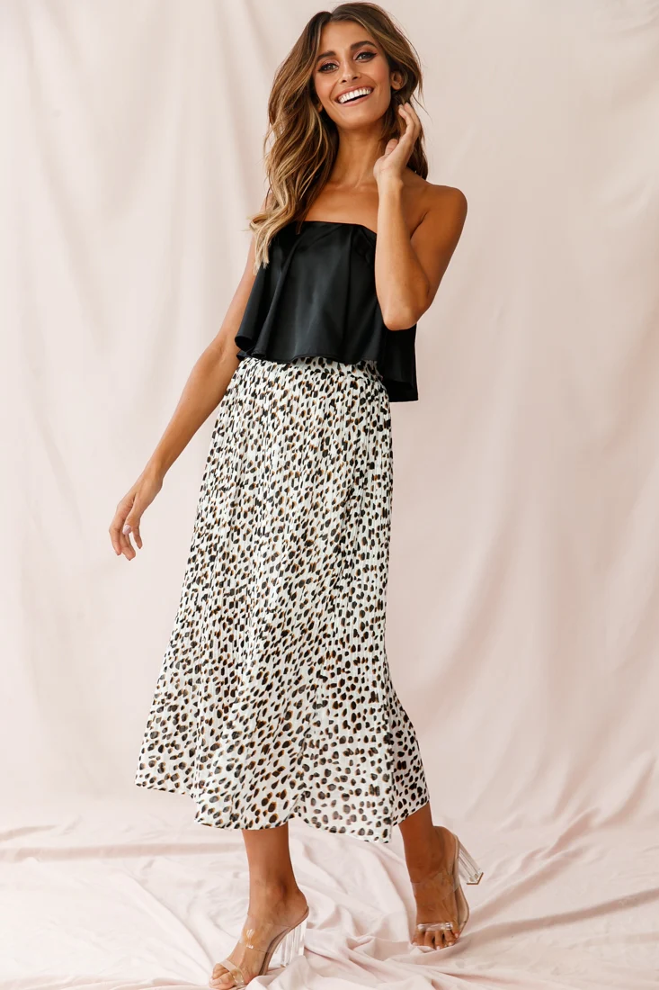 Caroline Accordion Pleat Midi Skirt Animal Print White - Sonourner