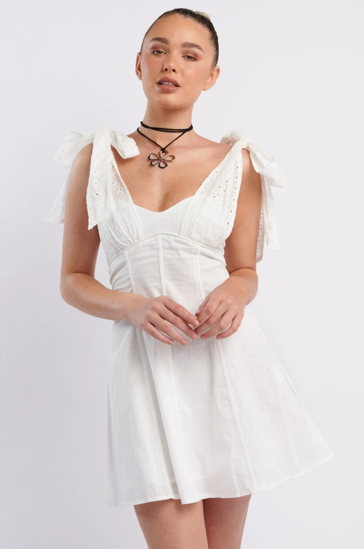 Kellie Bow Shoulder Mini Dress White - Sonourner