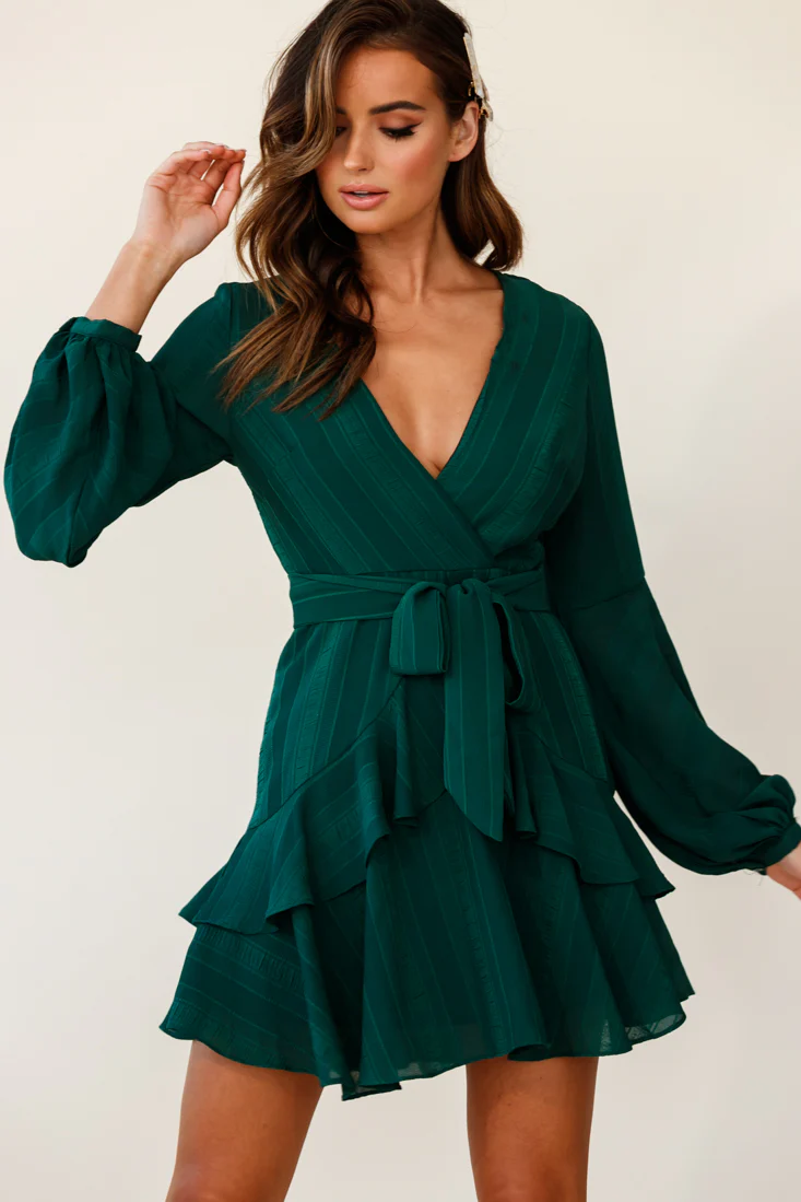Kerry Layered Balloon Sleeve Dress Stripe Green - Sonourner