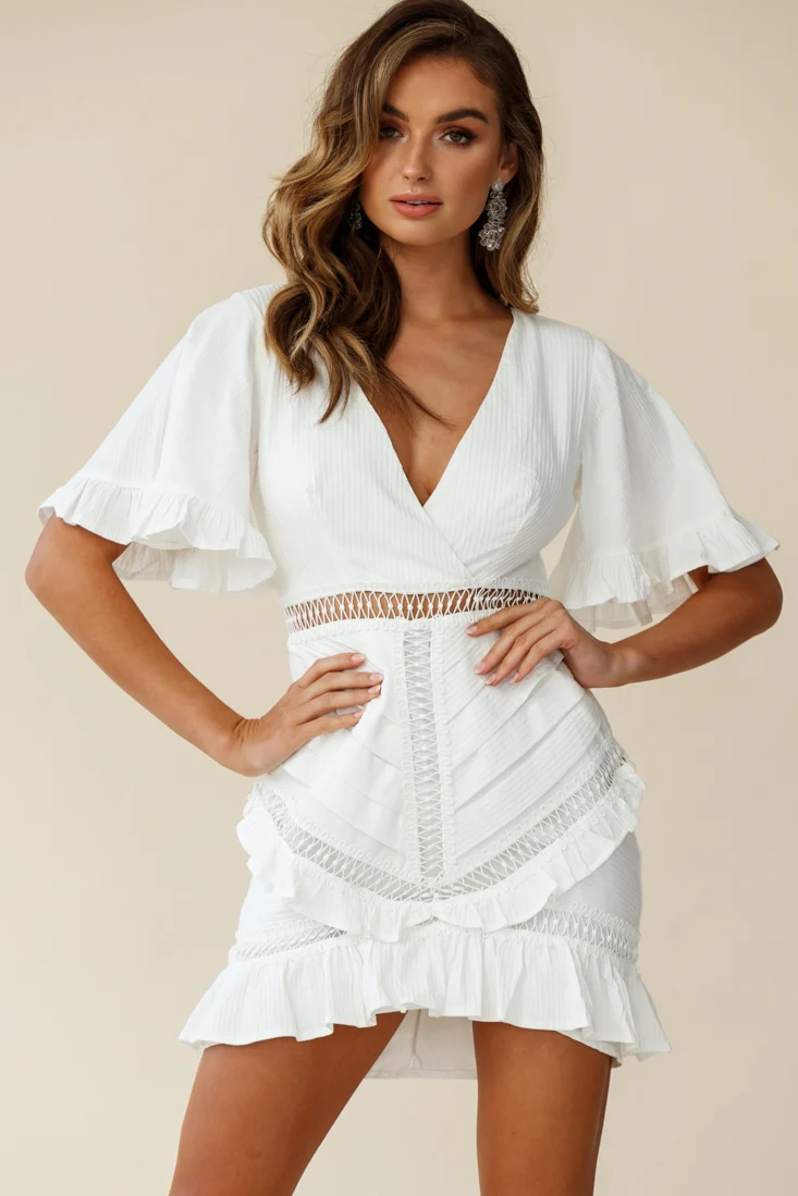 Walk This Way Pintuck Angel Sleeve Dress White - Sonourner