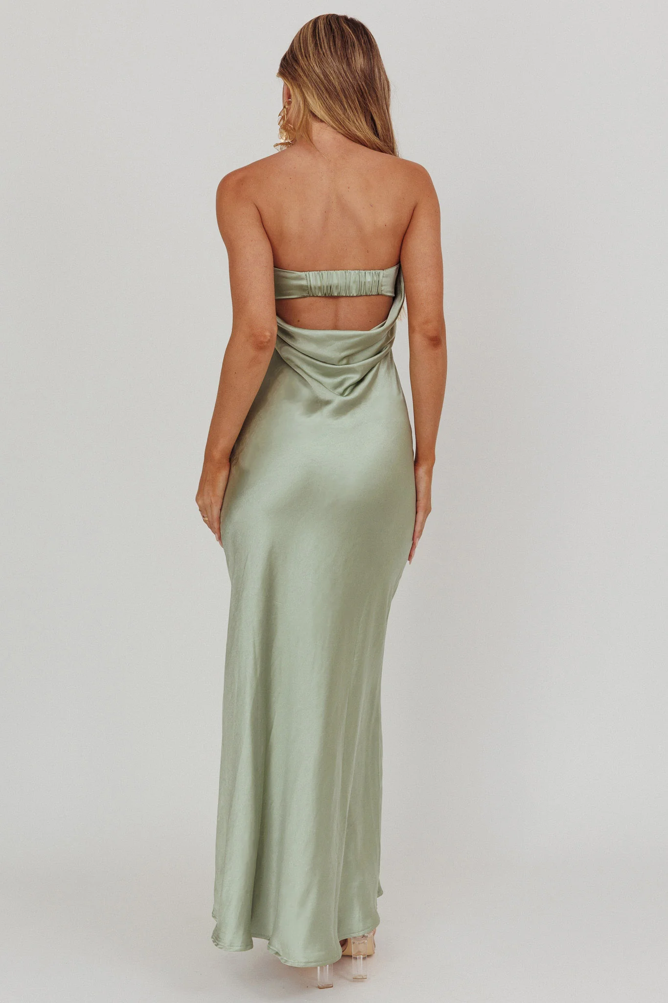 Kona Strapless Pleated Bust Satin Maxi Dress Sage - Sonourner
