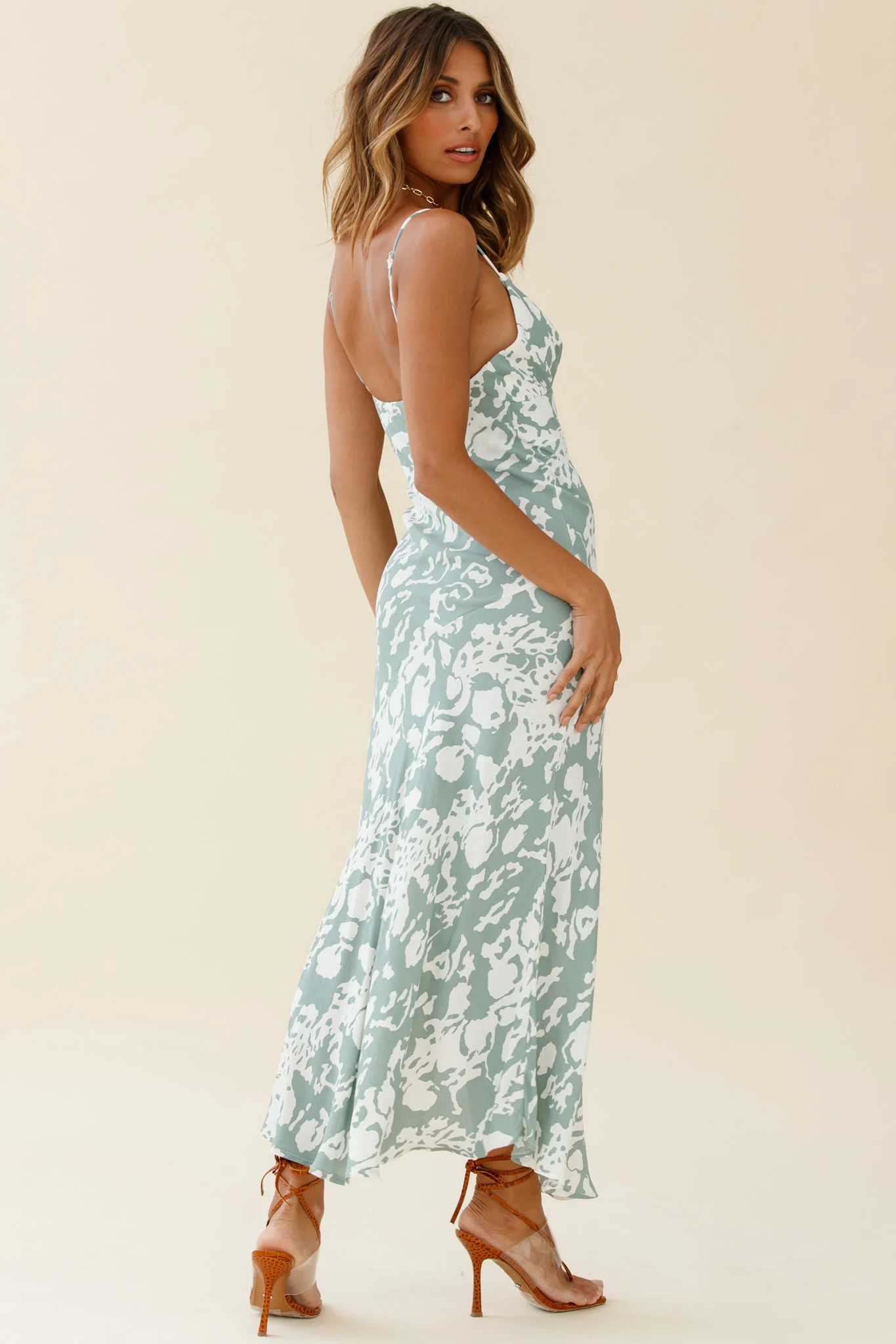 Downtown Cami Strap Front Split Midi Dress Stencil Print Sage - Sonourner