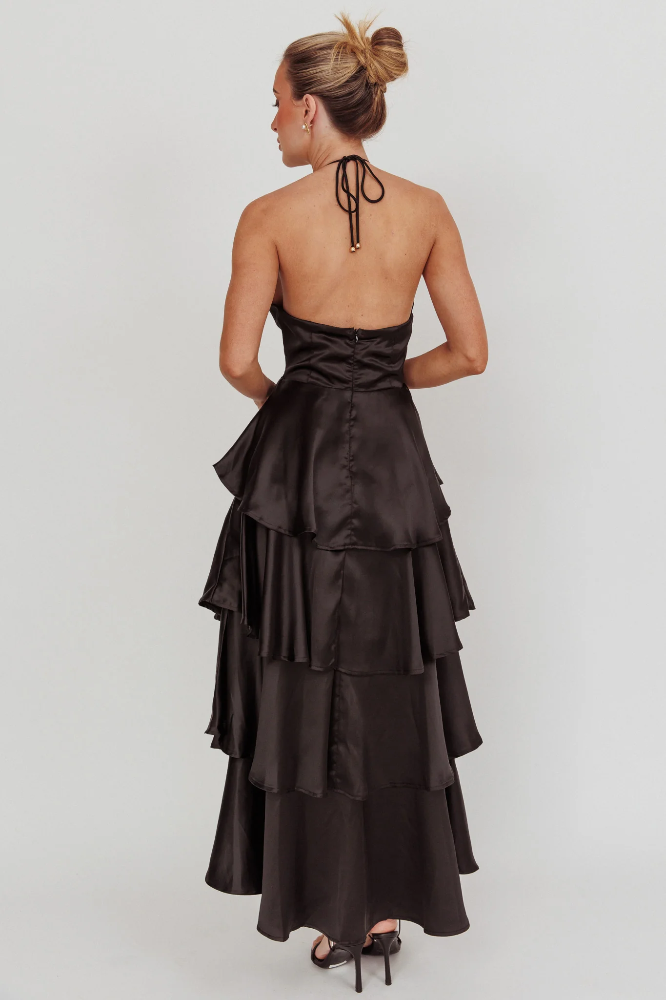 Catalina Tiered Ruffle Rosette Maxi Dress Black - Sonourner