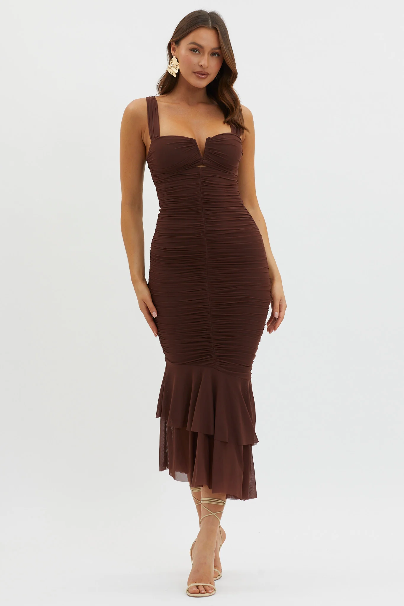 Nadia Ruched Fishtail Maxi Dress Chocolate - Sonourner