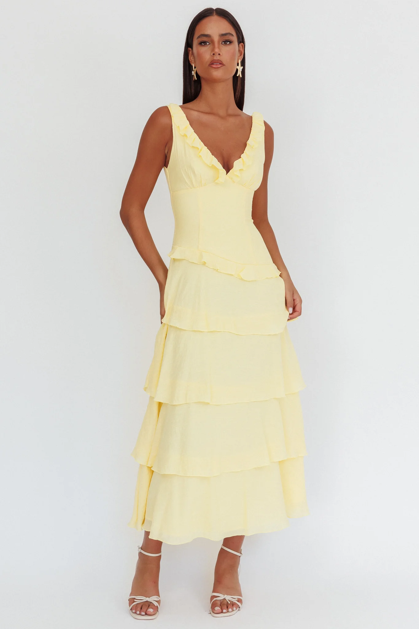 Khlara V-Neck Frill Trim Maxi Dress Butter - Sonourner