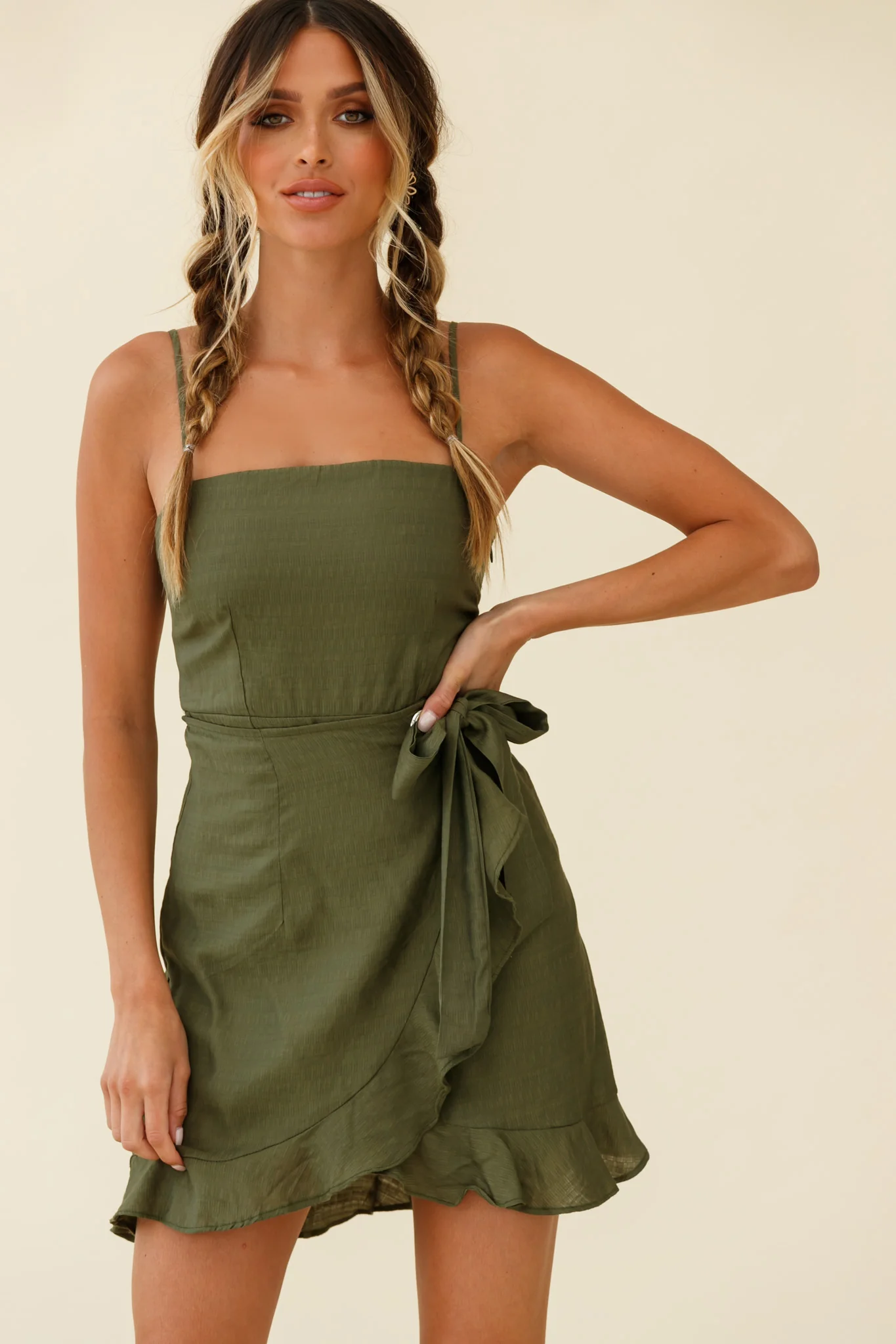 Pepita Cami Strap Wrap Dress Olive - Sonourner