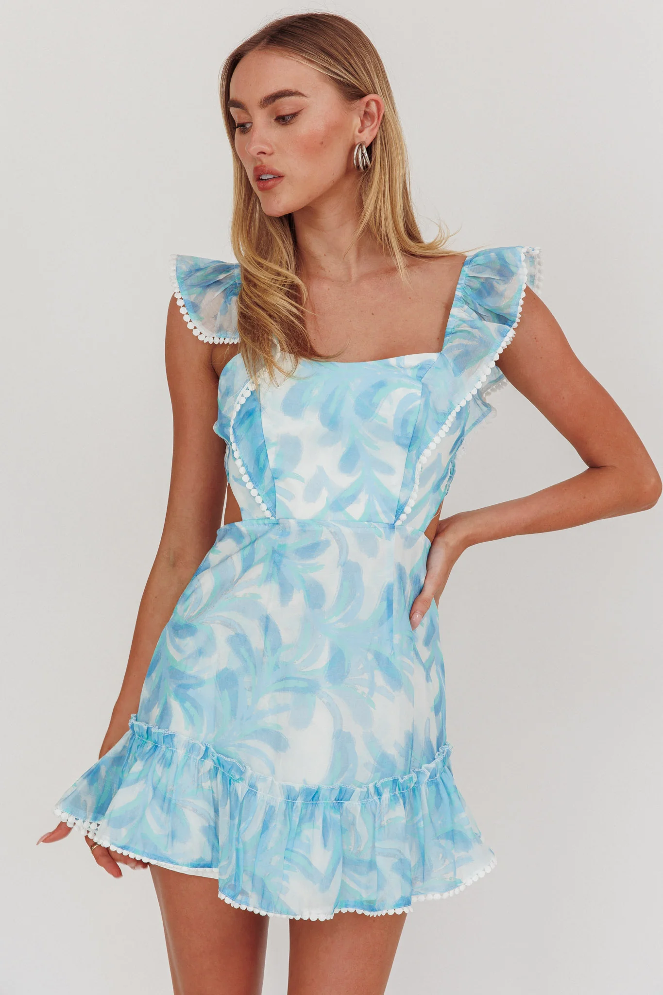 Porcia Tied Back Frill Dress Leaves Blues - Sonourner